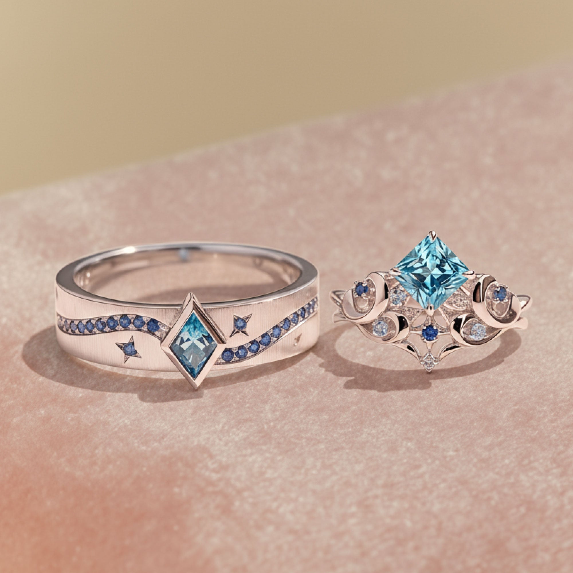 Cosmic Whisper | Princess Blue Topaz/Sapphire Celestial Matching Ring Set 2pcs - Chiron