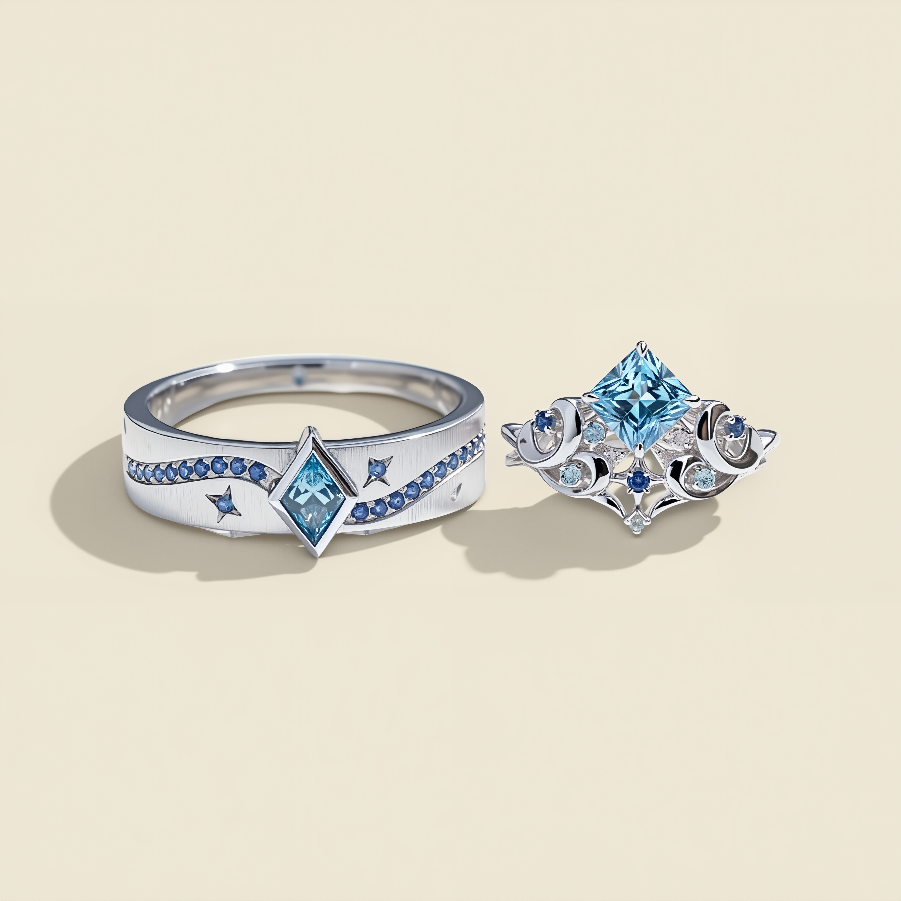 Cosmic Whisper | Princess Blue Topaz/Sapphire Celestial Matching Ring Set 2pcs - Chiron