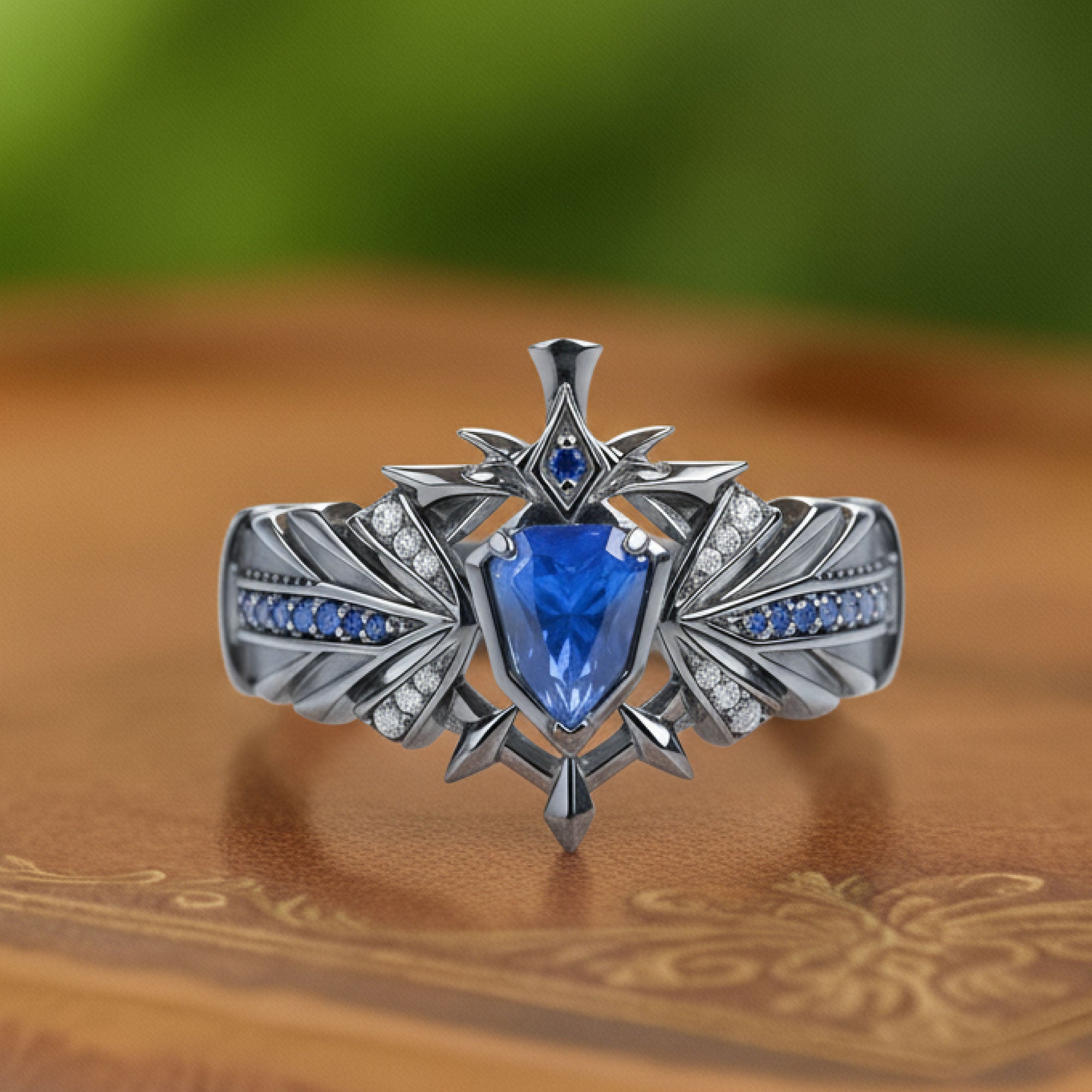 Guardian Shield | Shield-Cut Sapphire Gothic Knight Emblem Ring - Arthur