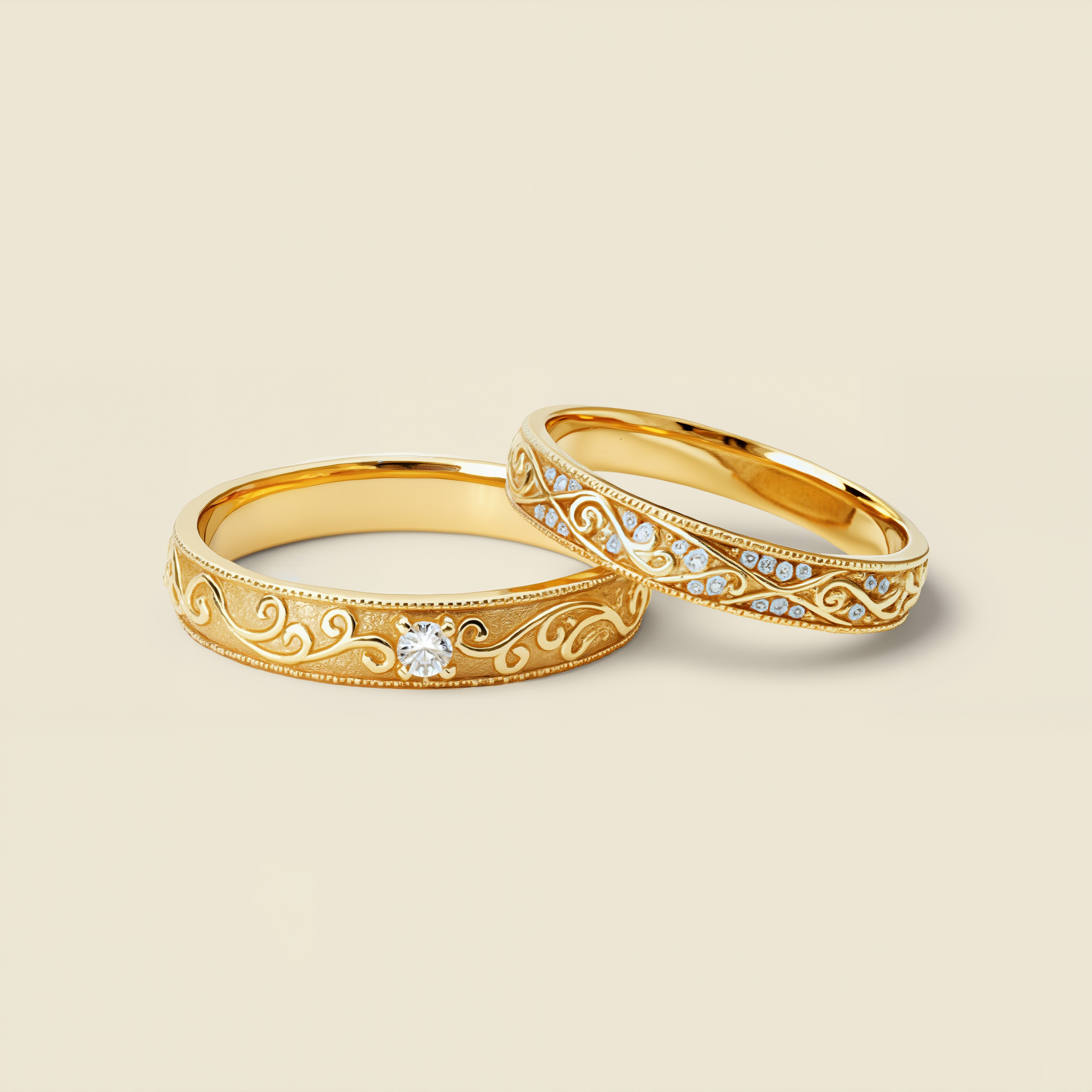 Golden Vow | Filigree Scrollwork Matching Wedding Band Set 2pcs - Verona