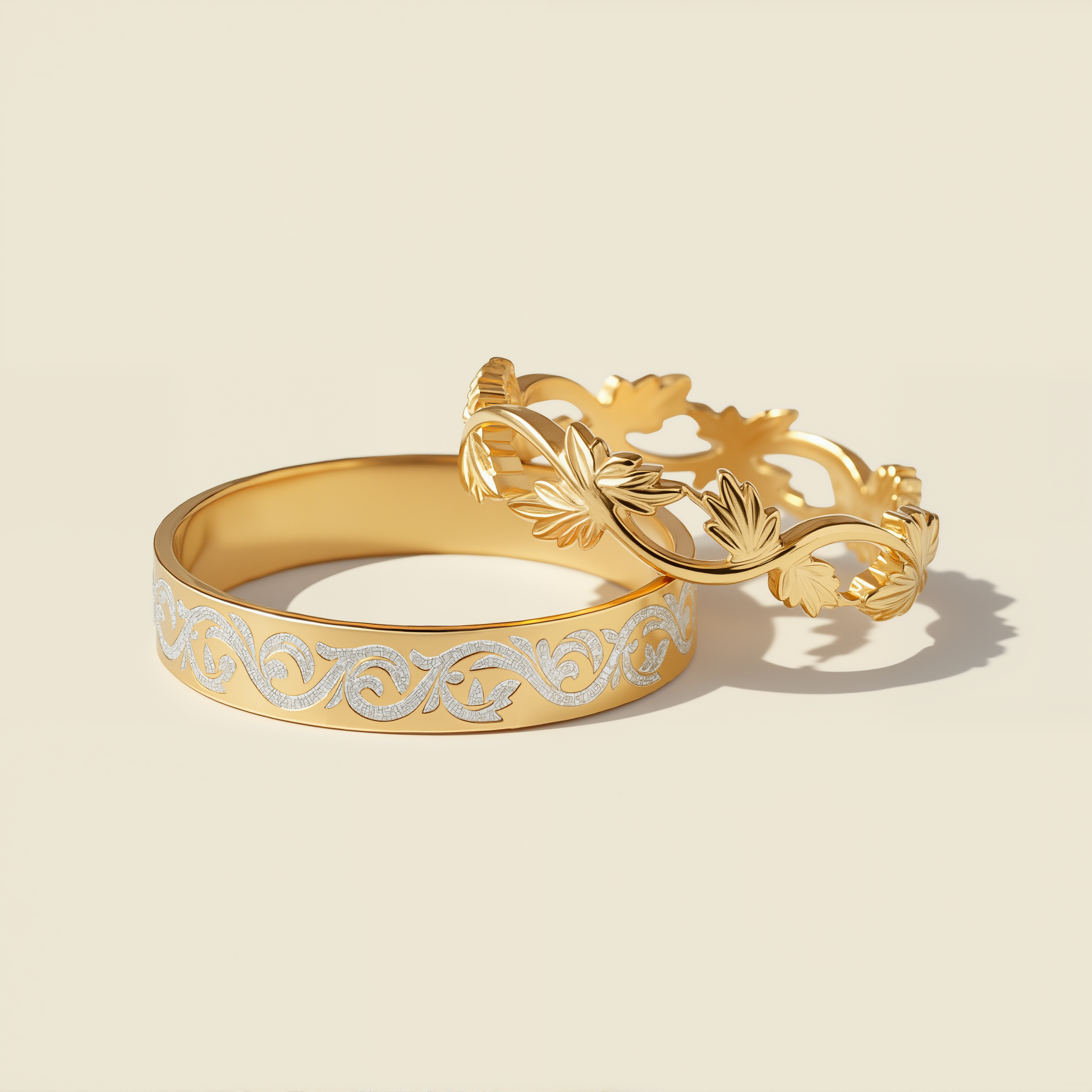 Forest Pact | Dual-Tone Engraved & Openwork Leaf Wedding Band Set 2pcs - Silvanus