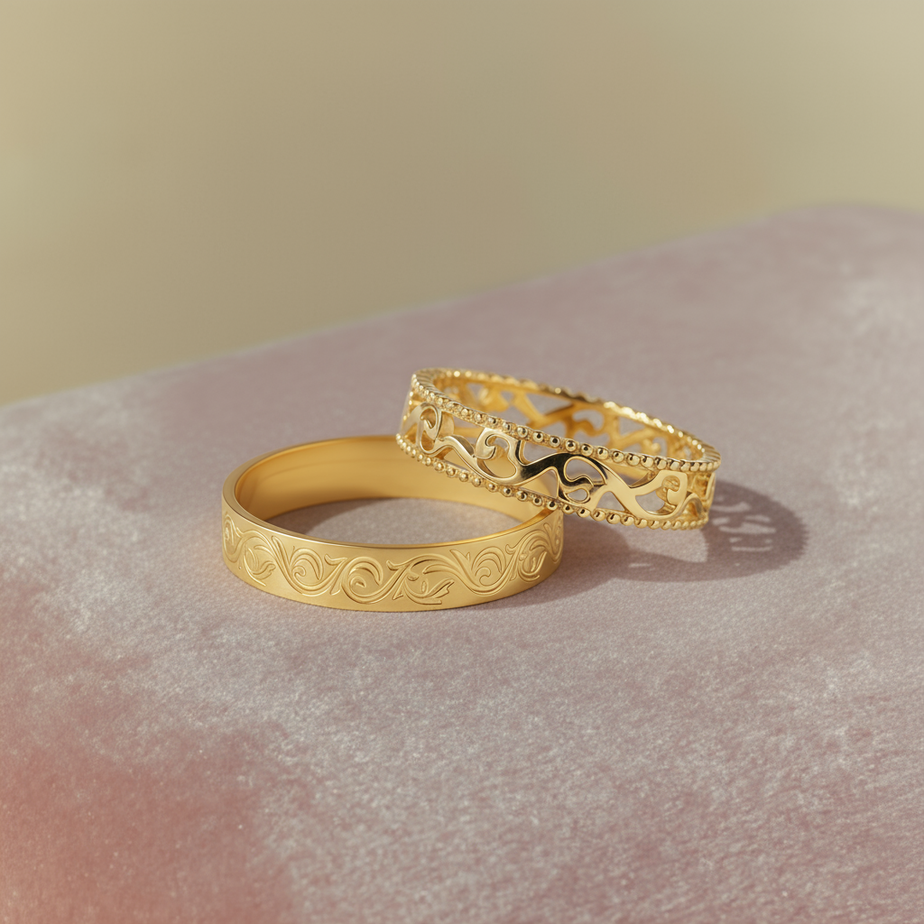 Baroque Rhapsody | Wide Engraved & Openwork Gold Wedding Band Set 2pcs - Apollo