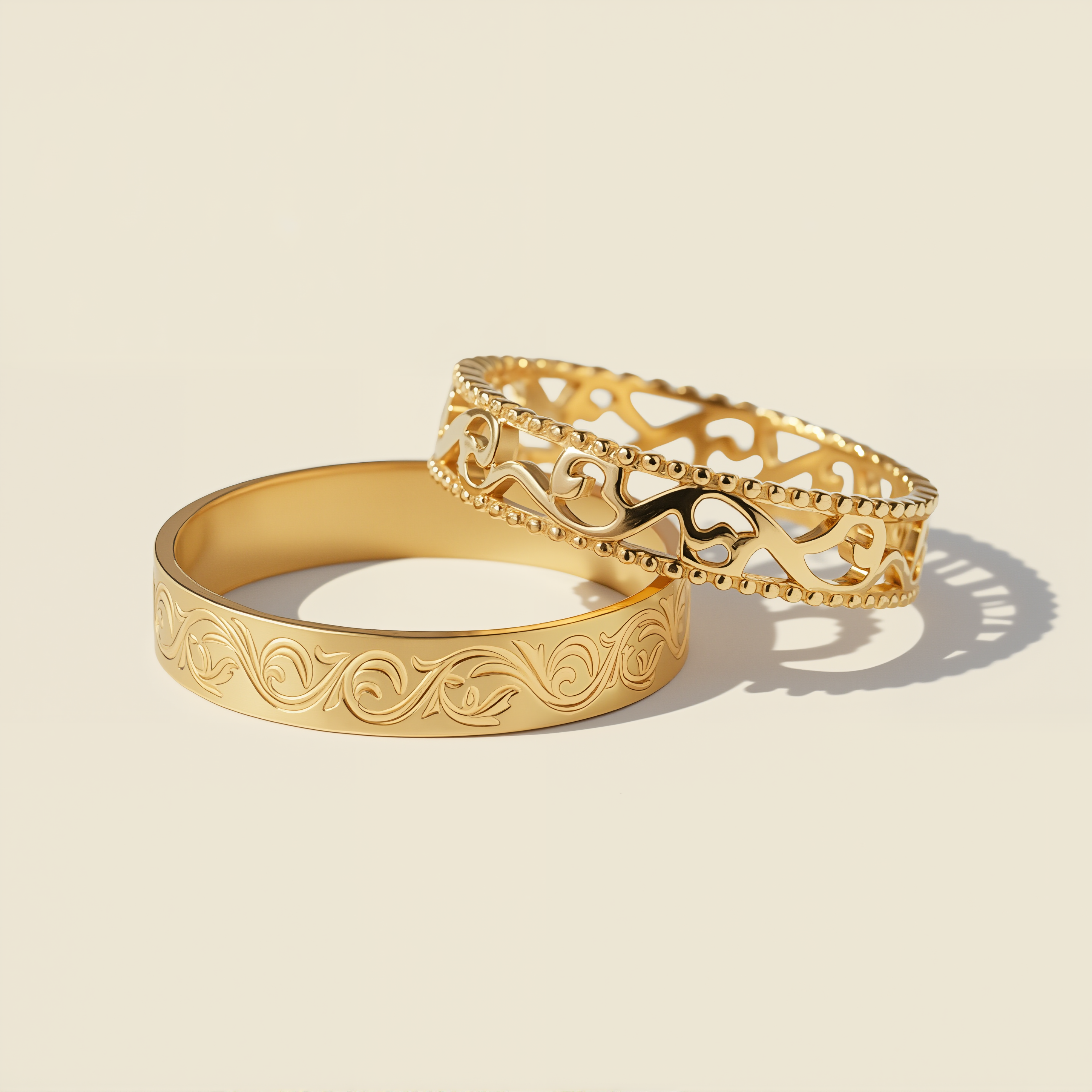 Baroque Rhapsody | Wide Engraved & Openwork Gold Wedding Band Set 2pcs - Apollo