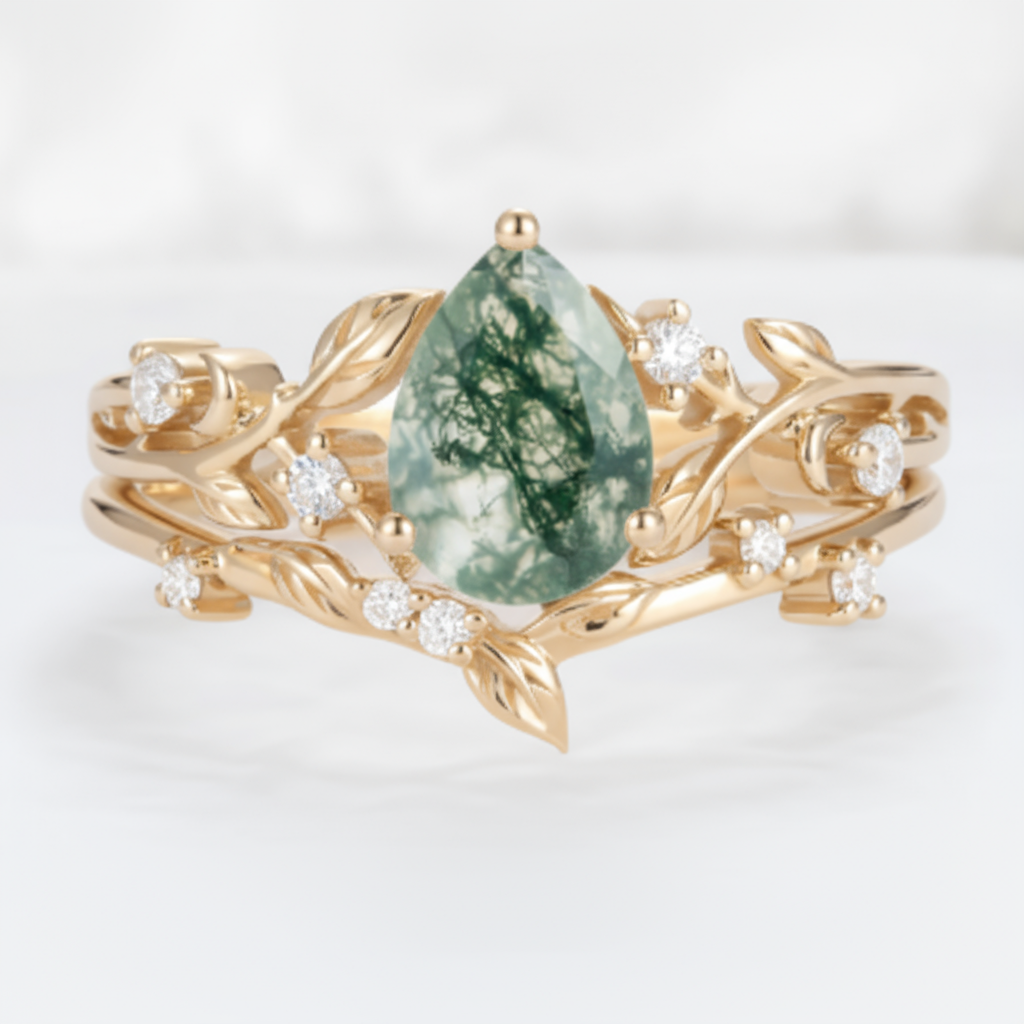 Sylvana – Pear Cut Moss Agate & Moissanite Vine Ring