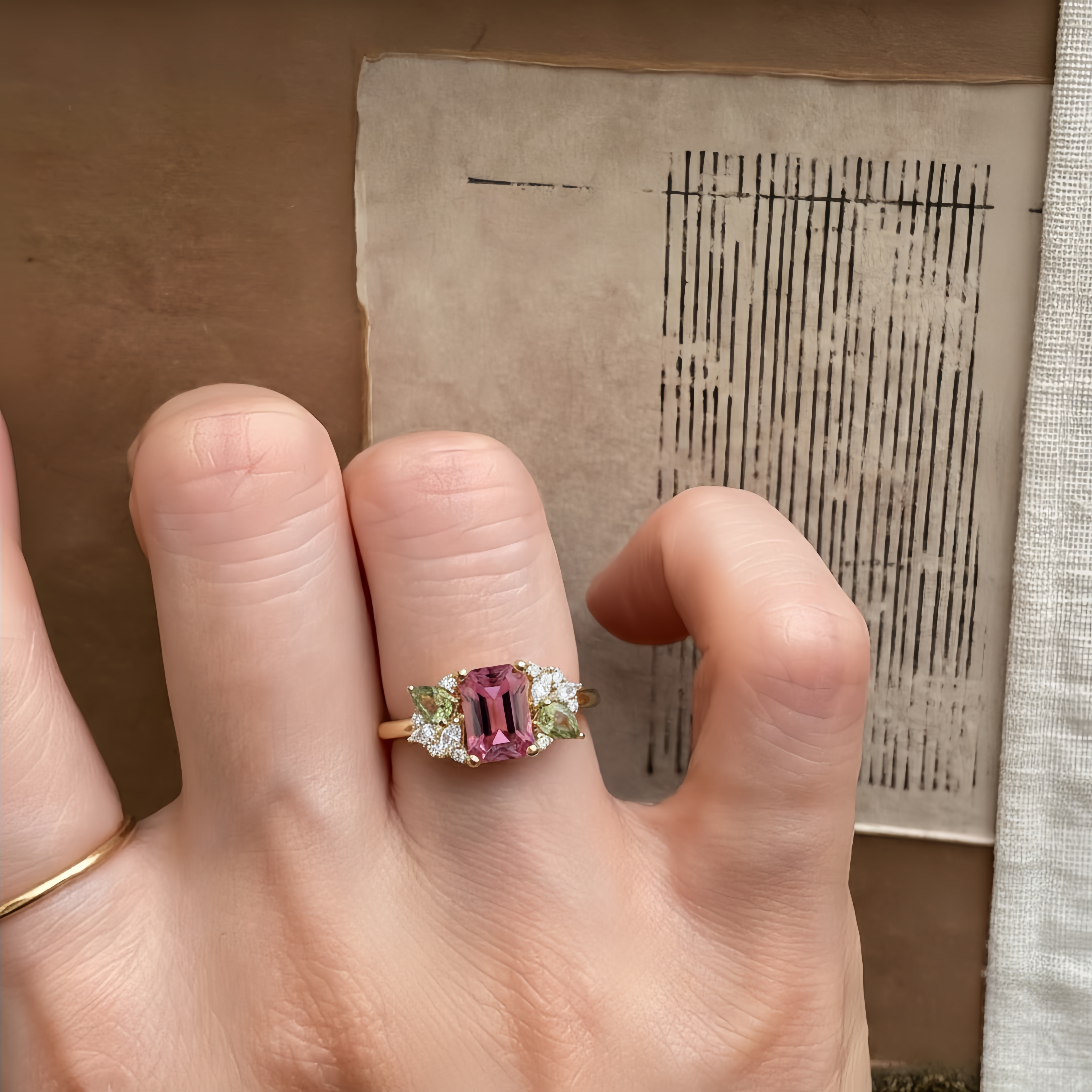 Aurora Blossom – Pink Emerald-Cut Gem & Green Moissanite Ring