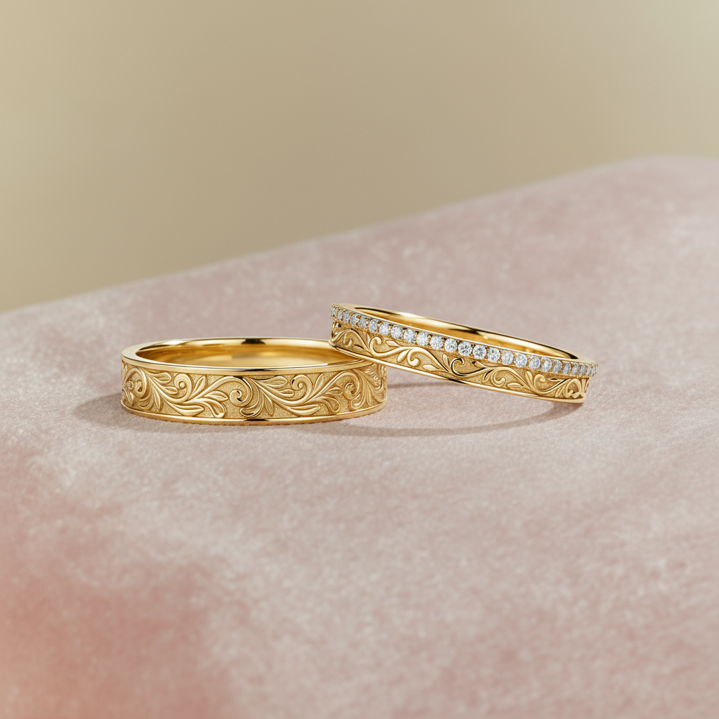 Victorian Vow | Engraved Gold & Diamond Pave Matching Wedding Band Set 2pcs - Albert & Victoria