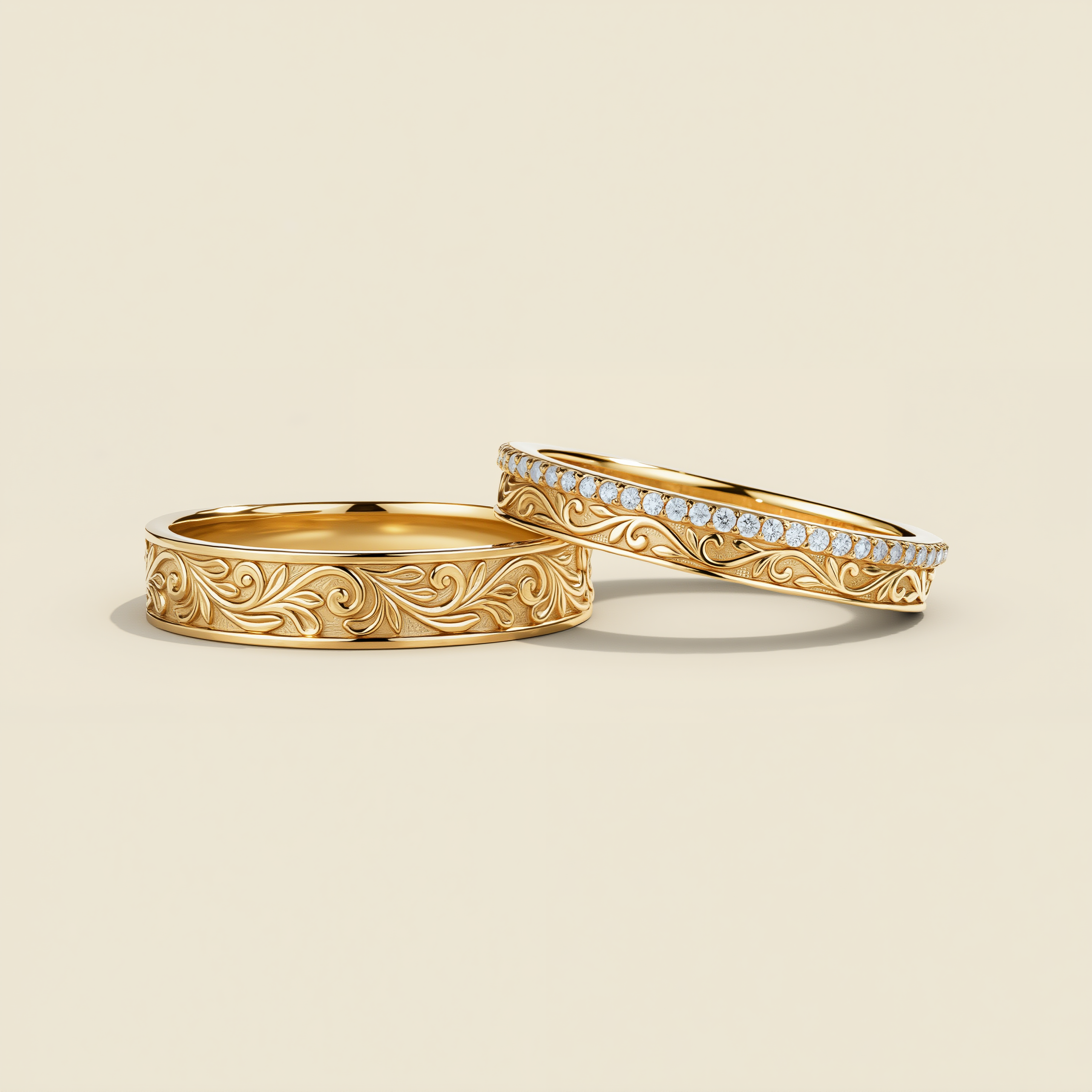 Victorian Vow | Engraved Gold & Diamond Pave Matching Wedding Band Set 2pcs - Albert & Victoria