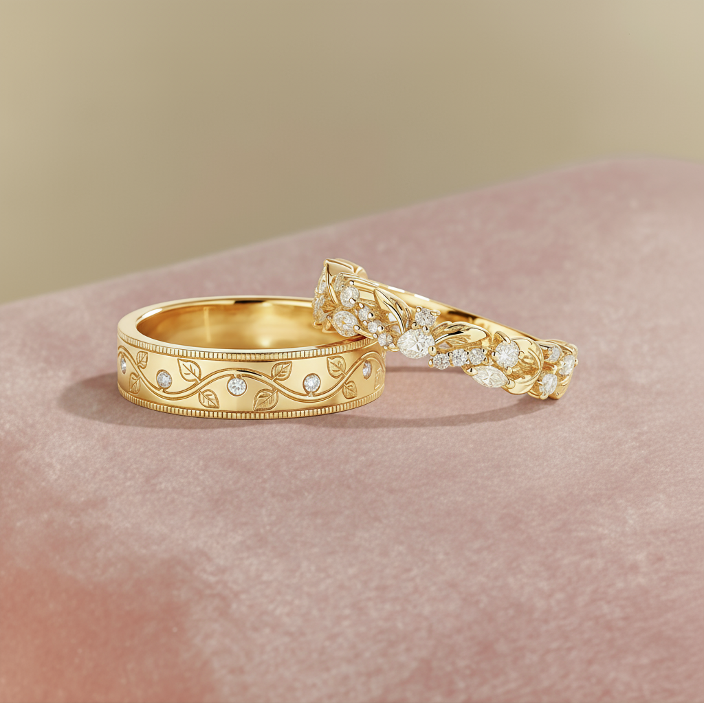 Golden Glade | Leaf & Vine Engraved Diamond Matching Wedding Band Set 2pcs - Sylvan