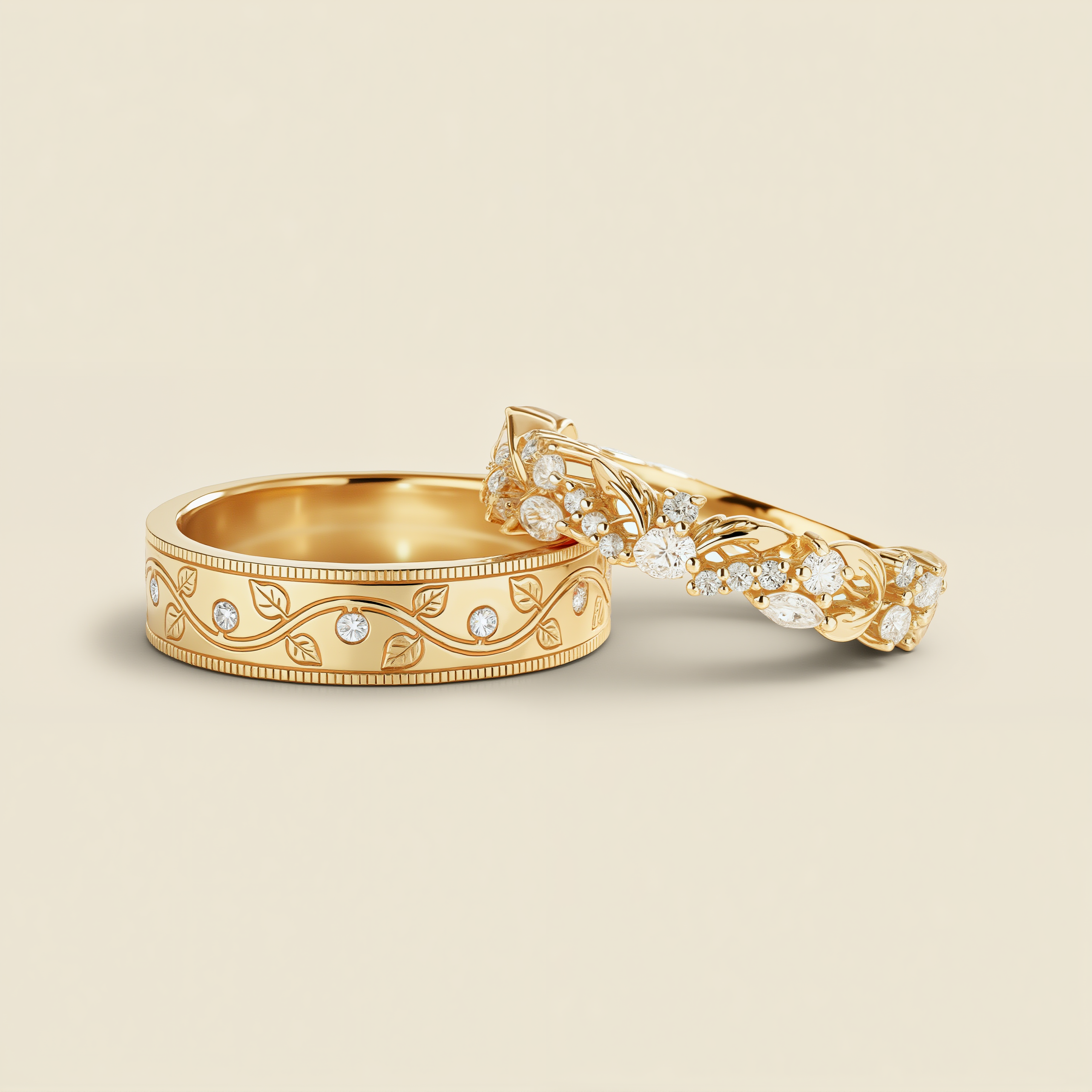 Golden Glade | Leaf & Vine Engraved Diamond Matching Wedding Band Set 2pcs - Sylvan