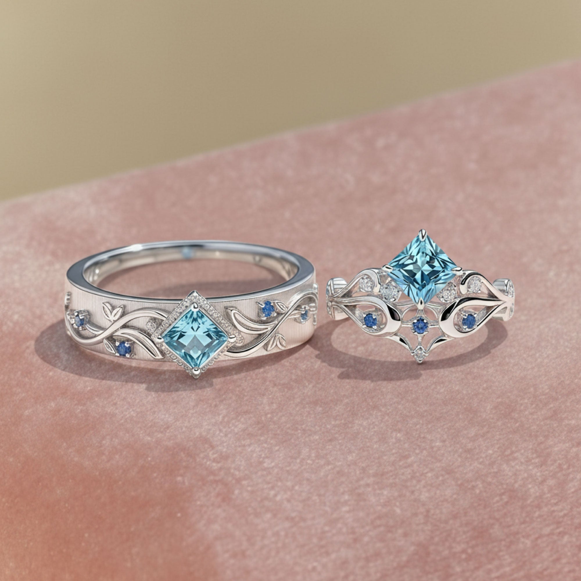 Ice Vow | Princess Blue Topaz Celestial Vine Matching Ring Set 2pcs - Elara