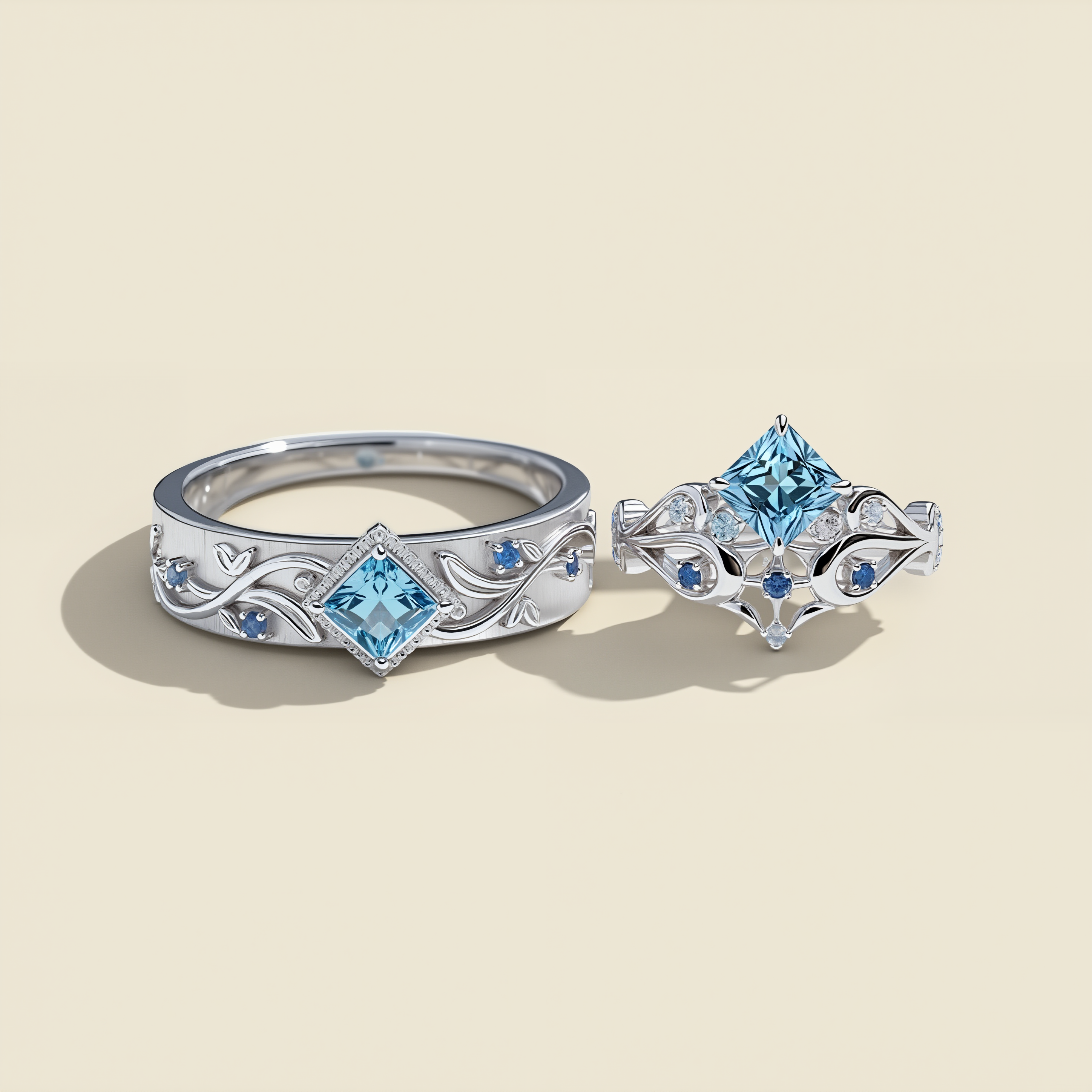 Ice Vow | Princess Blue Topaz Celestial Vine Matching Ring Set 2pcs - Elara