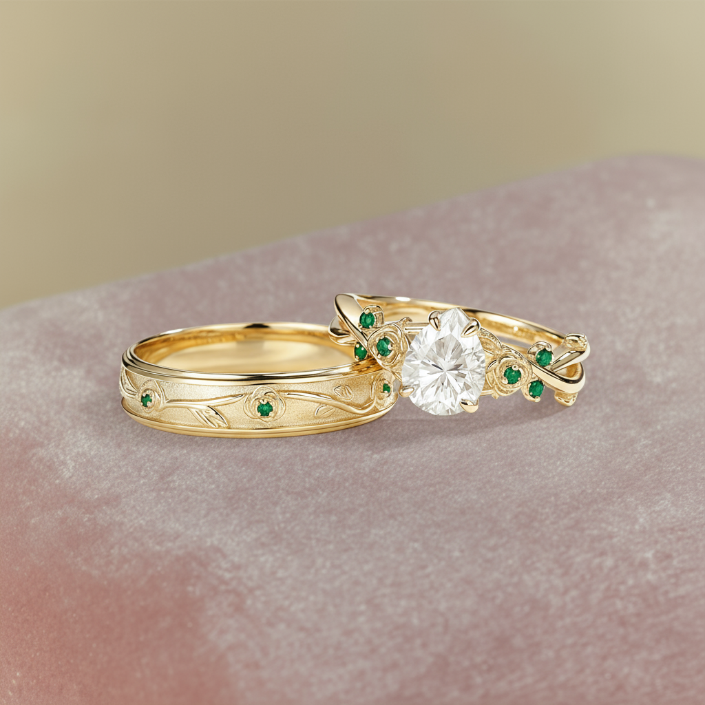 Eternal Bloom | Pear Moissanite & Green Garnet Rose Vine Matching Ring Set 2pcs - Flora