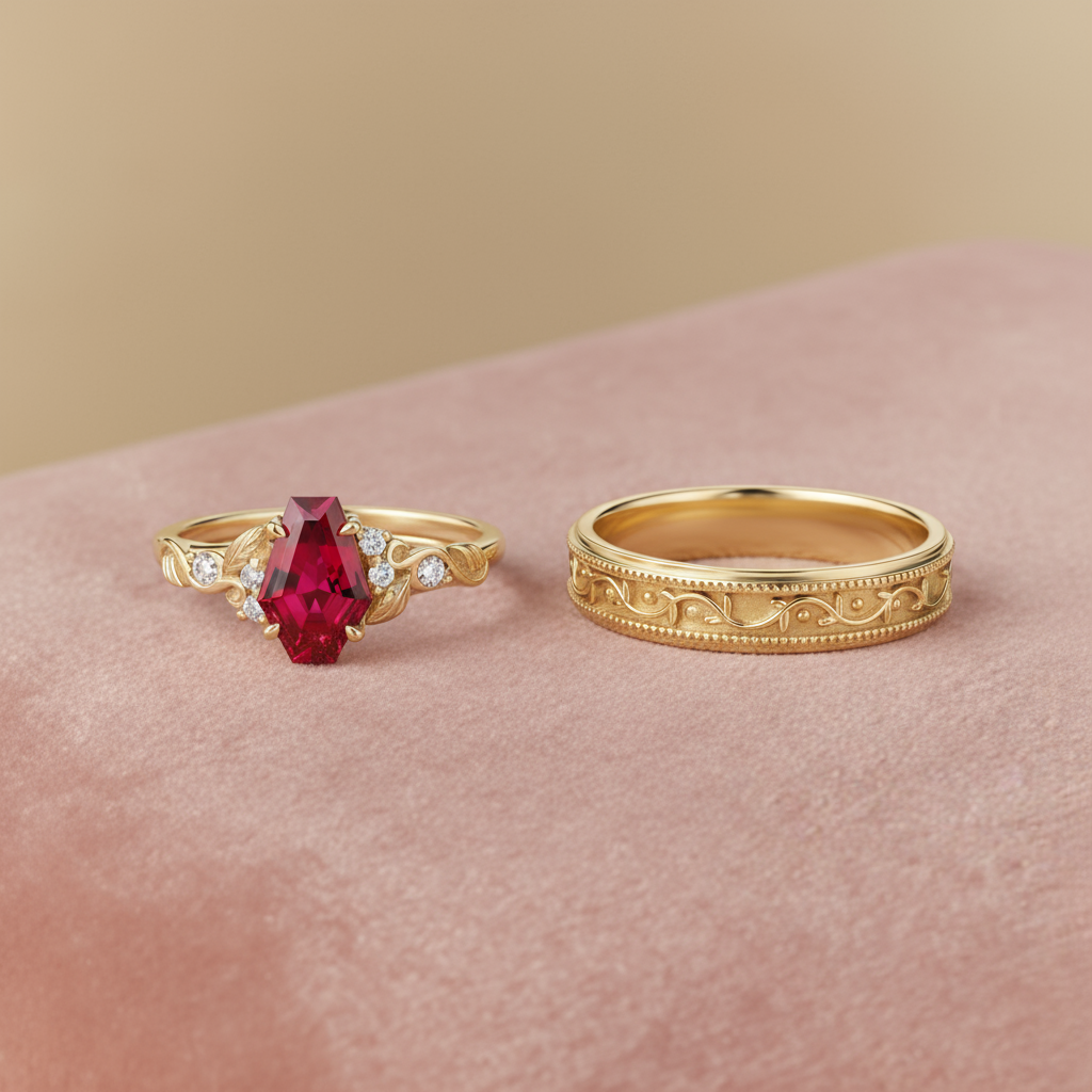 Blaze Crown | Kite-Cut Ruby & Moissanite Baroque Scrollwork Matching Set 2pcs - Regent