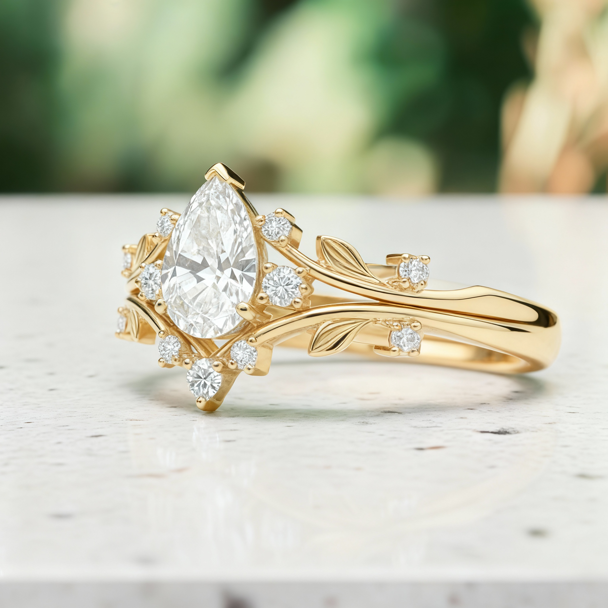 Golden Leaf Crown – Pear Cut Diamond Ring with Nature-Inspired Band