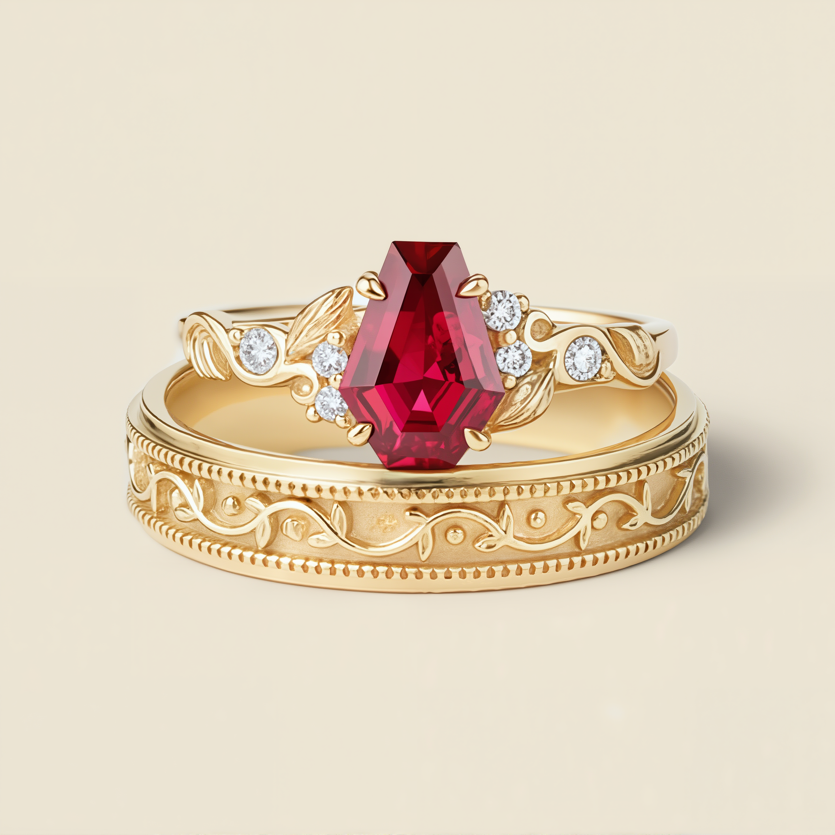 Blaze Crown | Kite-Cut Ruby & Moissanite Baroque Scrollwork Matching Set 2pcs - Regent