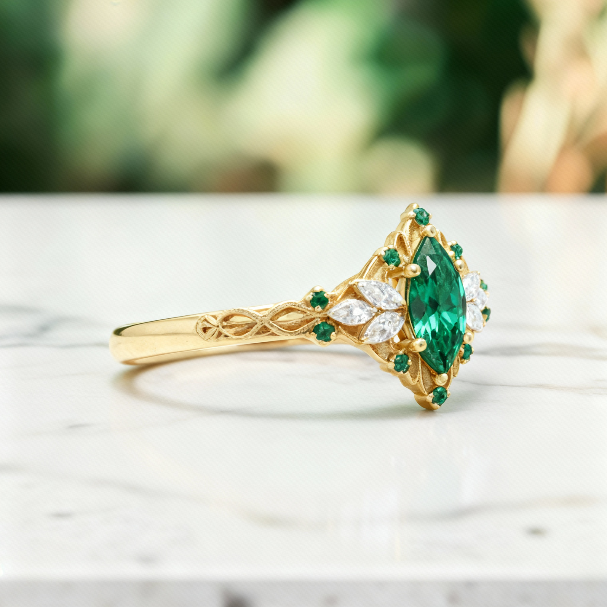 Emerald Muse – Marquise Green Moissanite & White Moissanite Filigree Ring