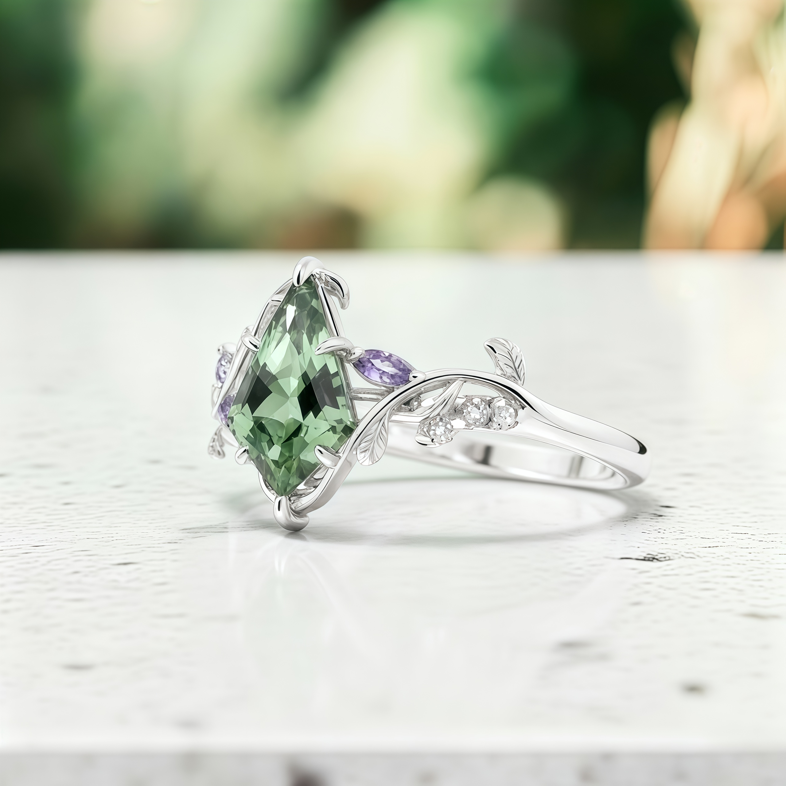Enchanted Vine – Kite-Cut Green Moissanite & Moissanite Leaf Ring