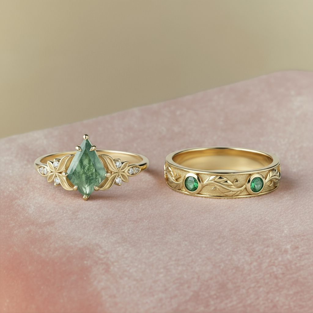 Mistwood Vow | Kite-Cut Moss Agate & Green Garnet Woodland Matching Set 2pcs - Dryad