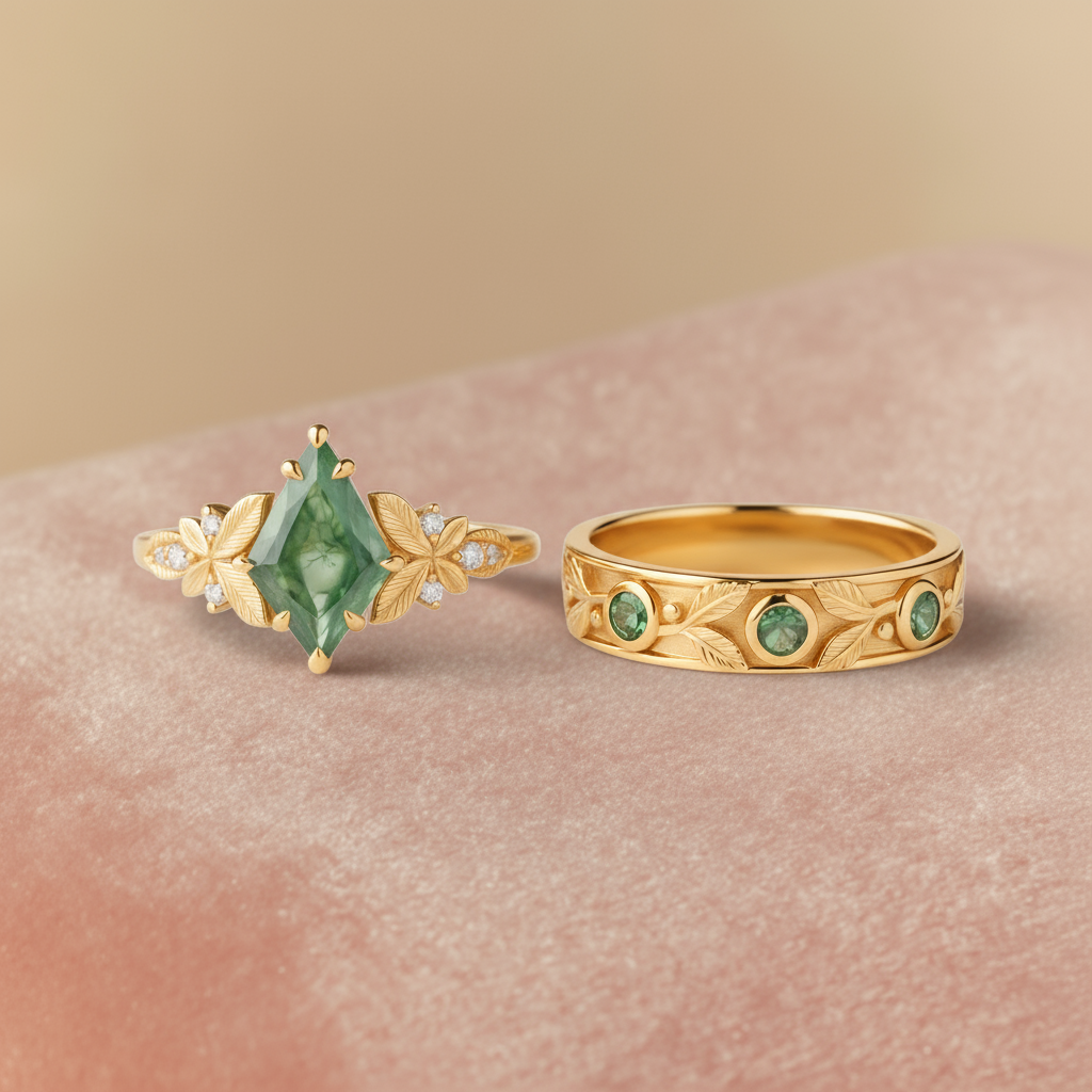 Woodland Whisper | Kite-Cut Moss Agate & Green Garnet Leaf Matching Set 2pcs - Dryad Vow