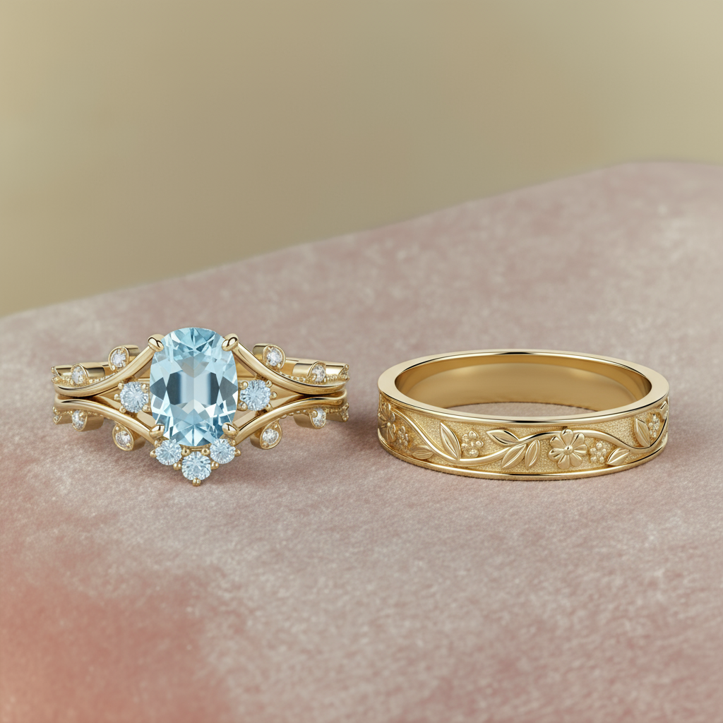 Sky Garden | Oval Lab Cornflower Sapphire & Moissanite Vine Bridal Set 3pcs - Seraphina