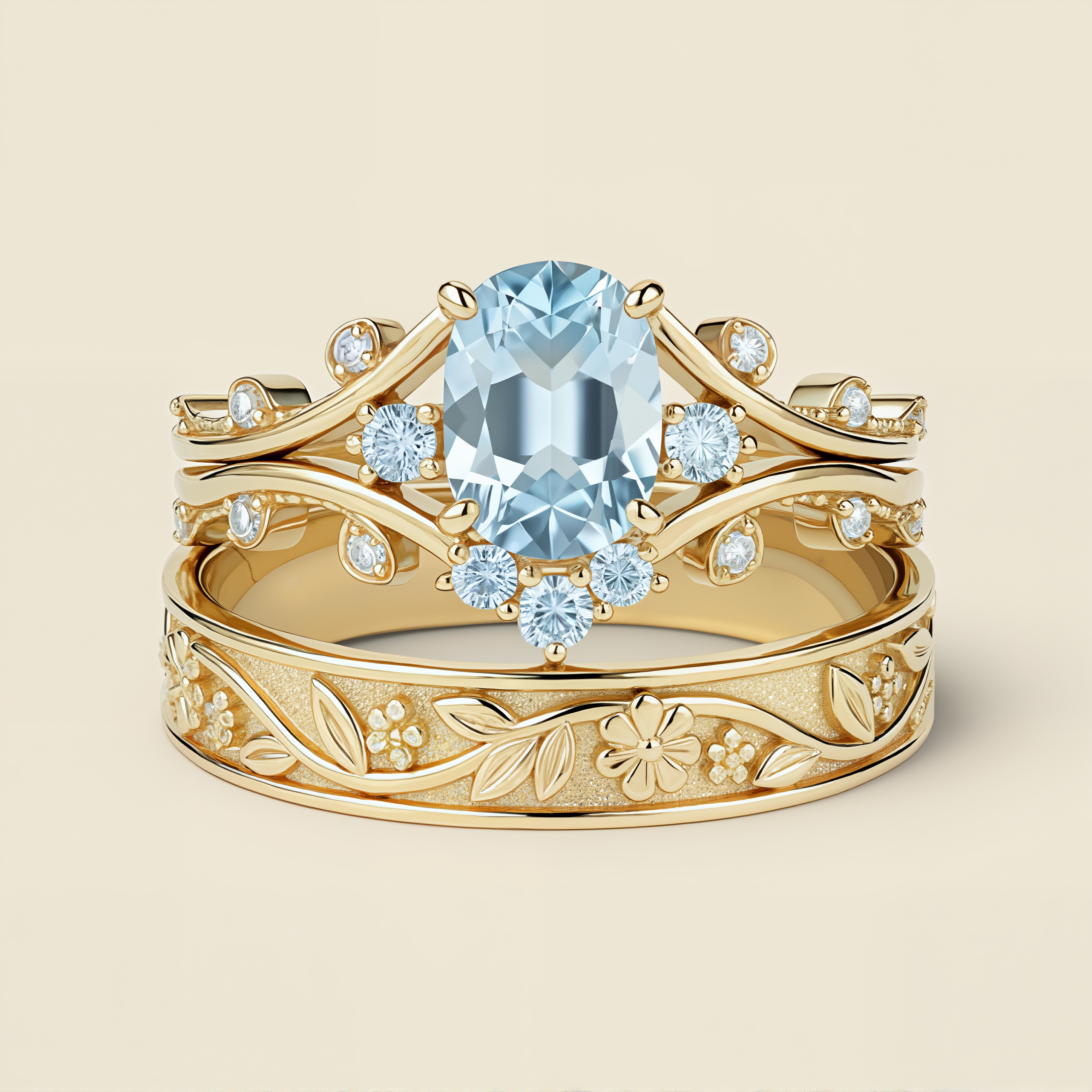 Sky Garden | Oval Lab Cornflower Sapphire & Moissanite Vine Bridal Set 3pcs - Seraphina