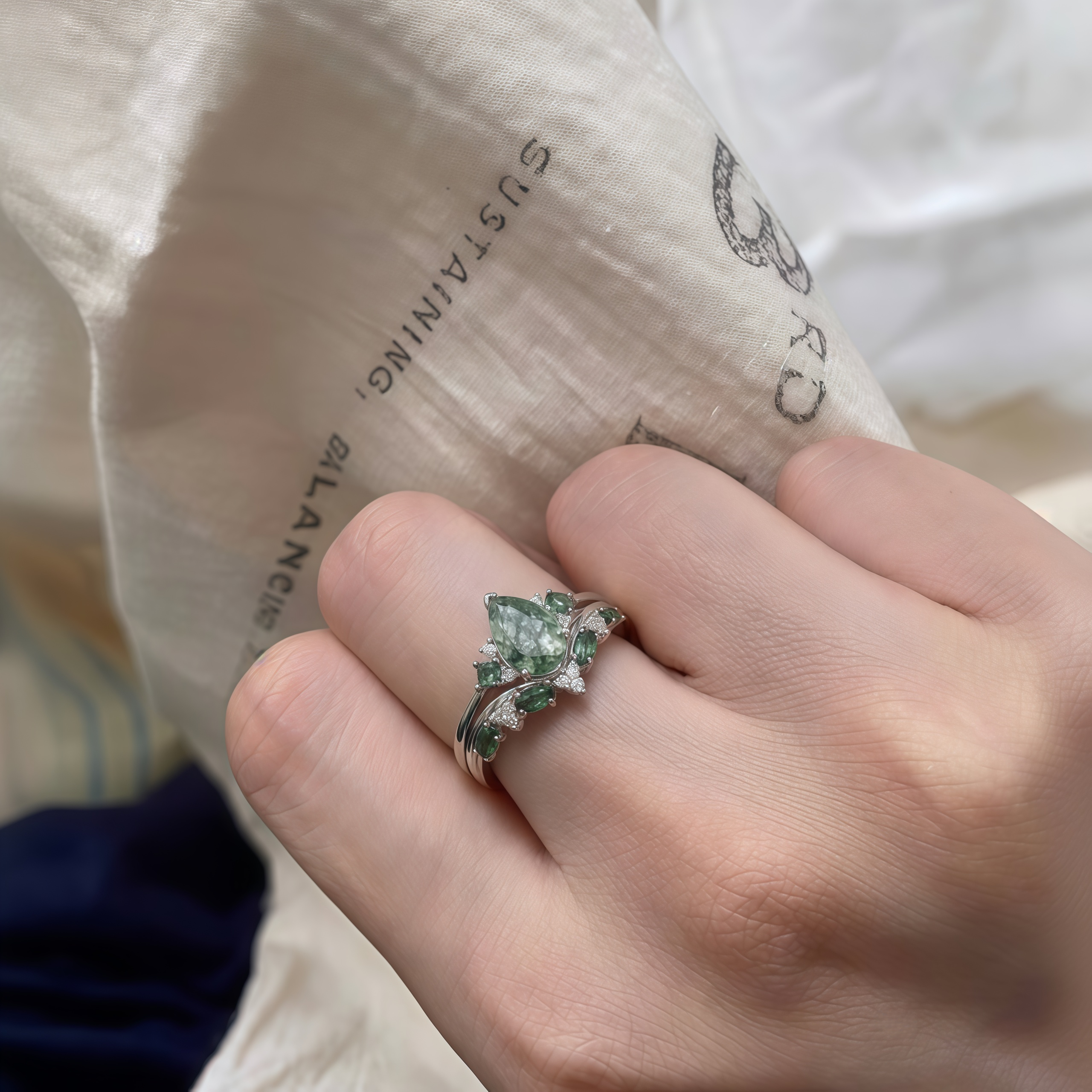 Verdant Elegance – Pear Cut Moss Agate & Moissanite  Ring