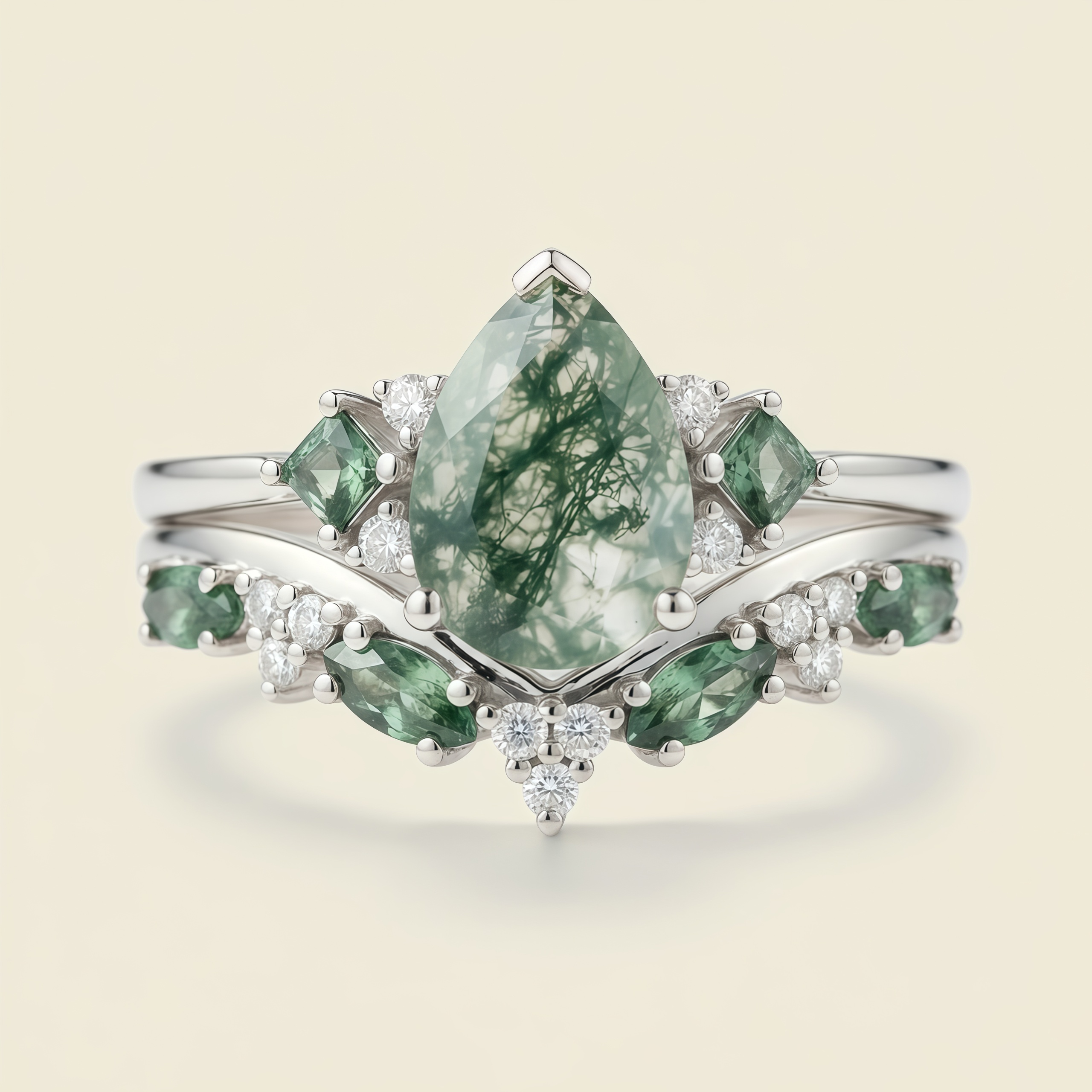 Verdant Elegance – Pear Cut Moss Agate & Moissanite  Ring