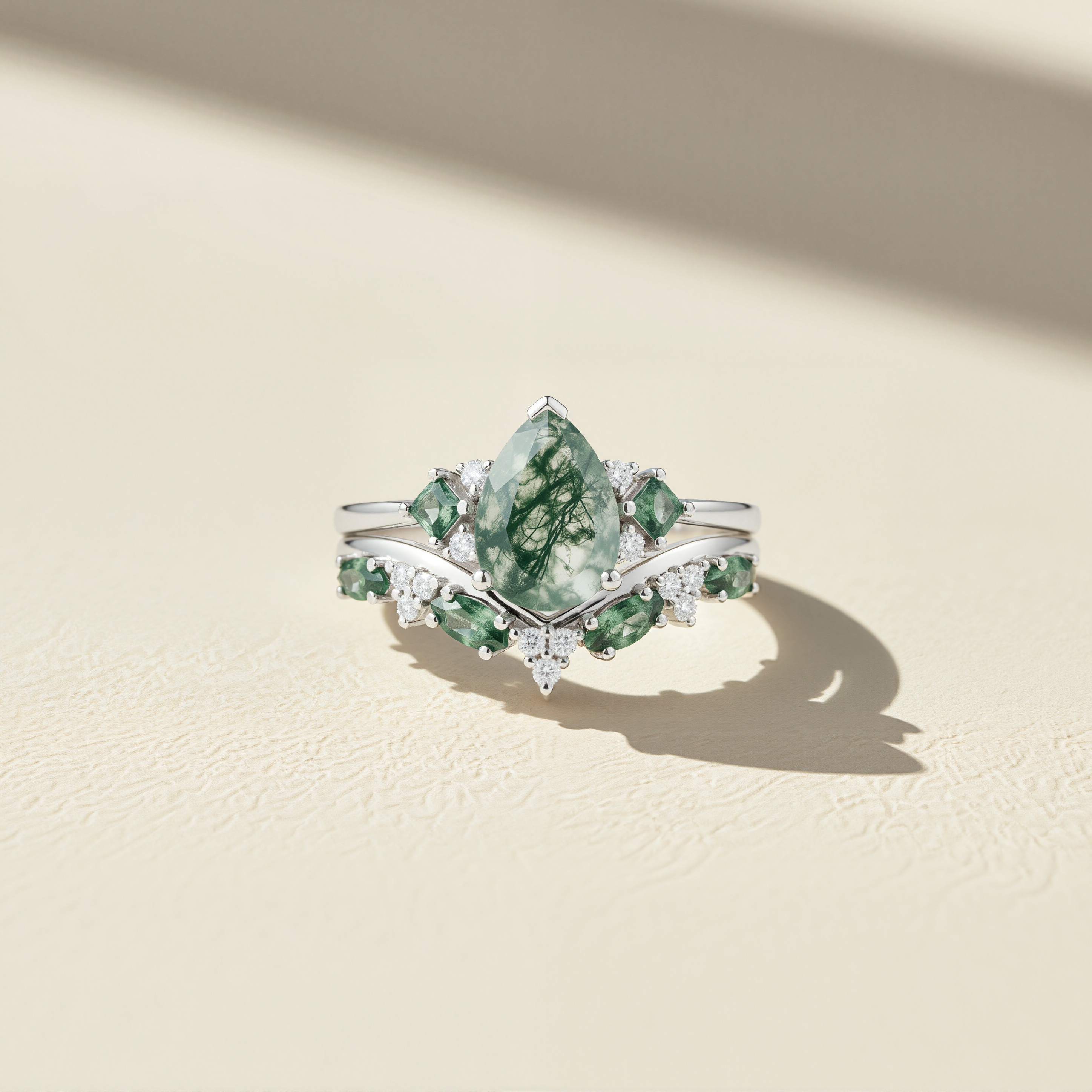 Verdant Elegance – Pear Cut Moss Agate & Moissanite  Ring