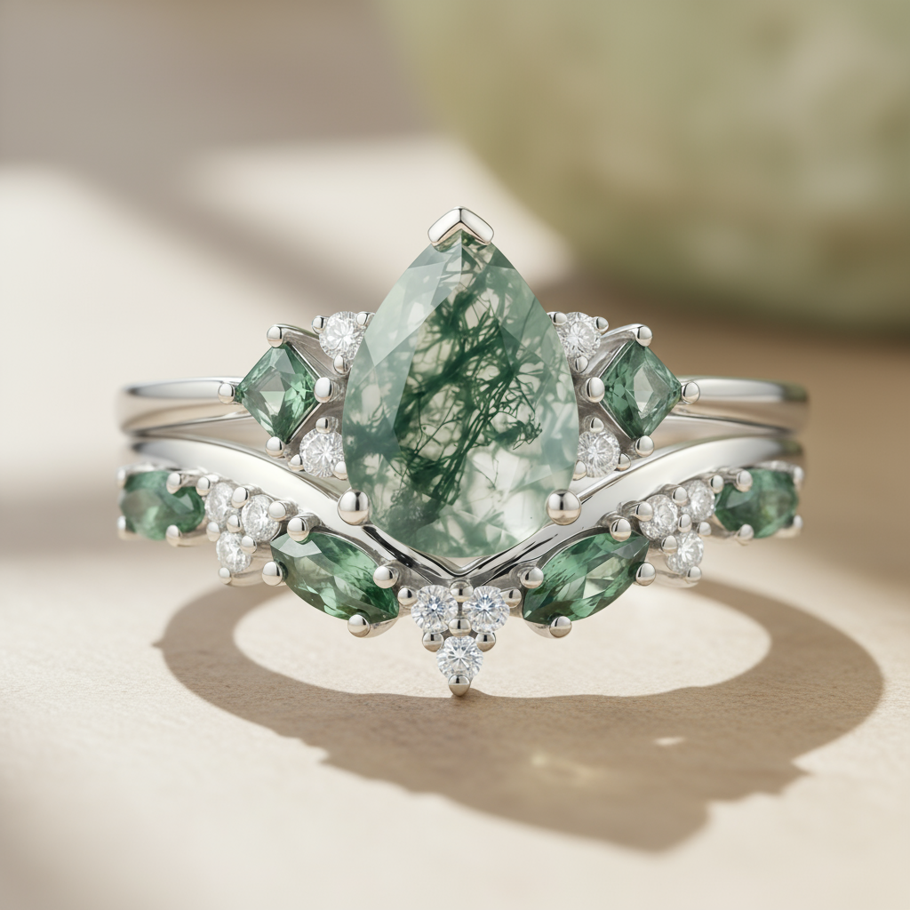 Verdant Elegance – Pear Cut Moss Agate & Moissanite  Ring