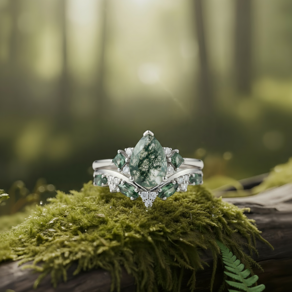 Verdant Elegance – Pear Cut Moss Agate & Moissanite  Ring