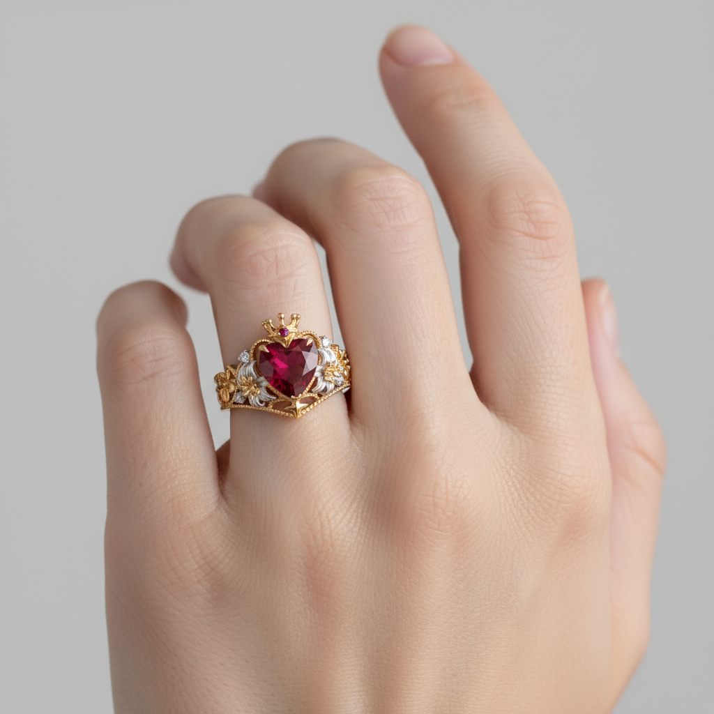 Queen of Hearts | Heart-Cut Ruby & Two-Tone Royal Crown Statement Ring - Sovereignty