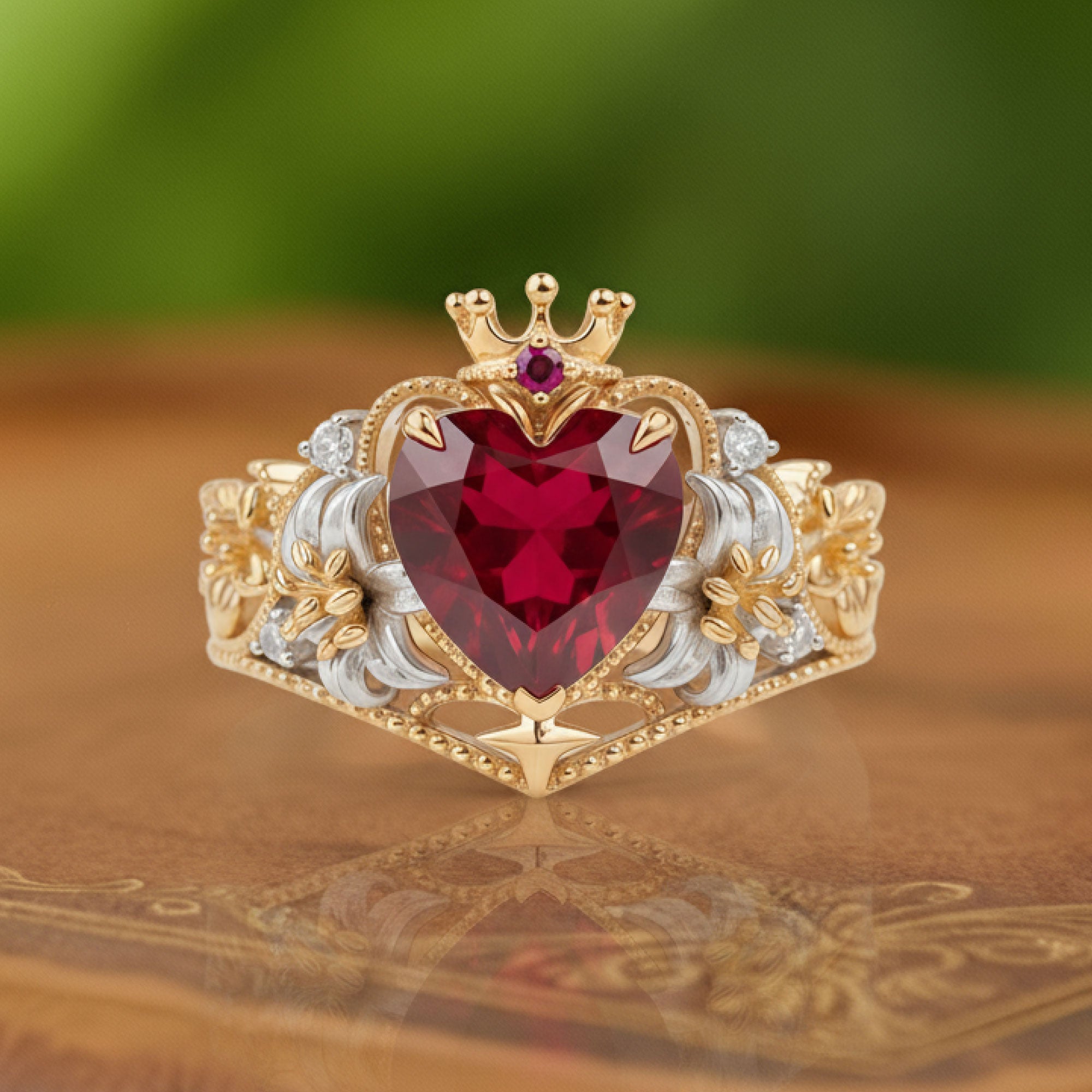Queen of Hearts | Heart-Cut Ruby & Two-Tone Royal Crown Statement Ring - Sovereignty