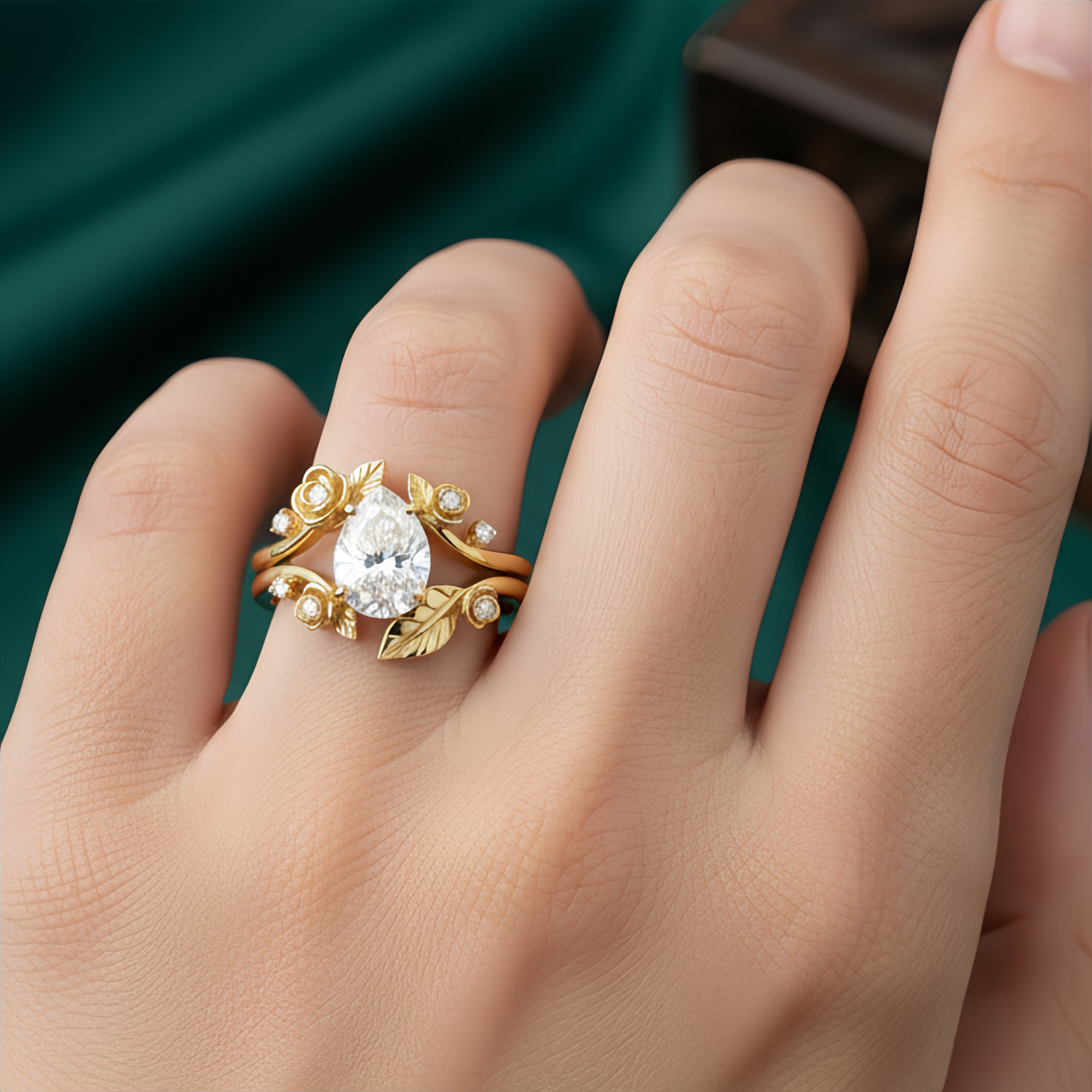 Golden Bloom | Pear Moissanite & Sculptural Rose Garden Bridal Set 2pcs - Sylva