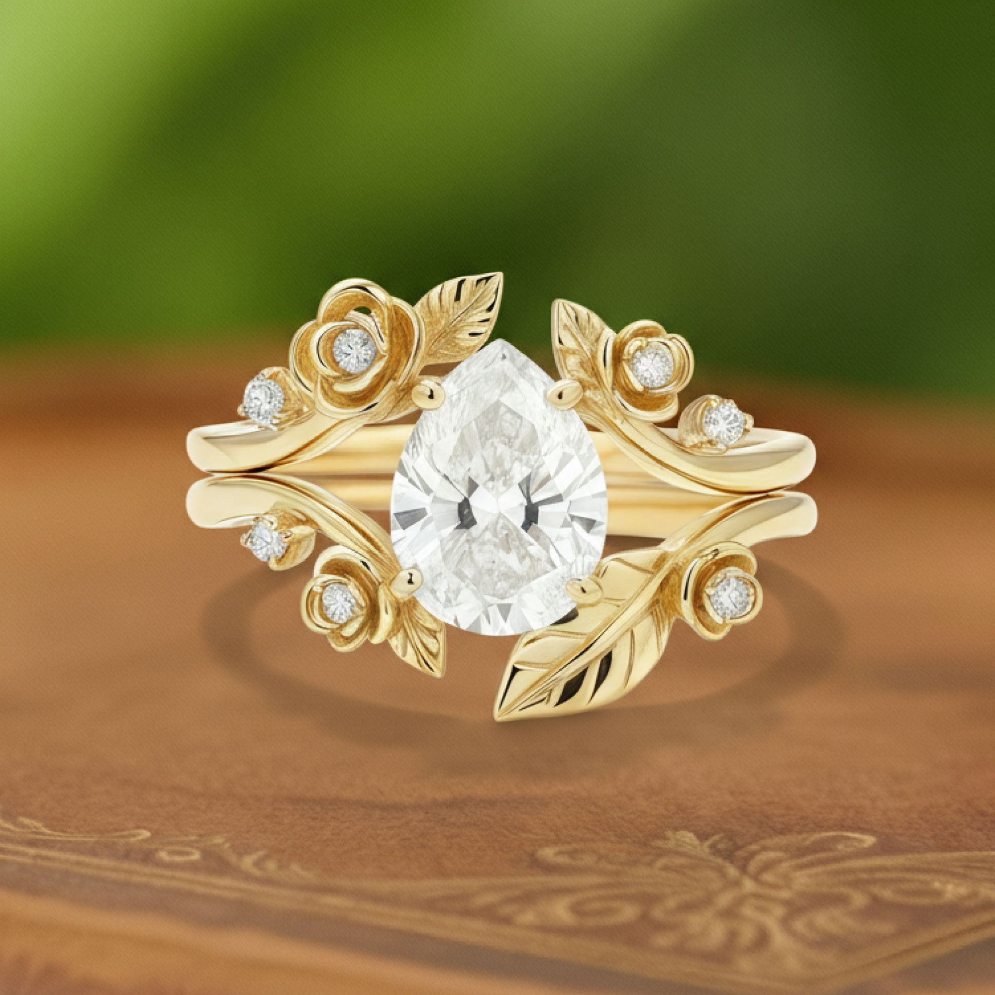 Golden Bloom | Pear Moissanite & Sculptural Rose Garden Bridal Set 2pcs - Sylva
