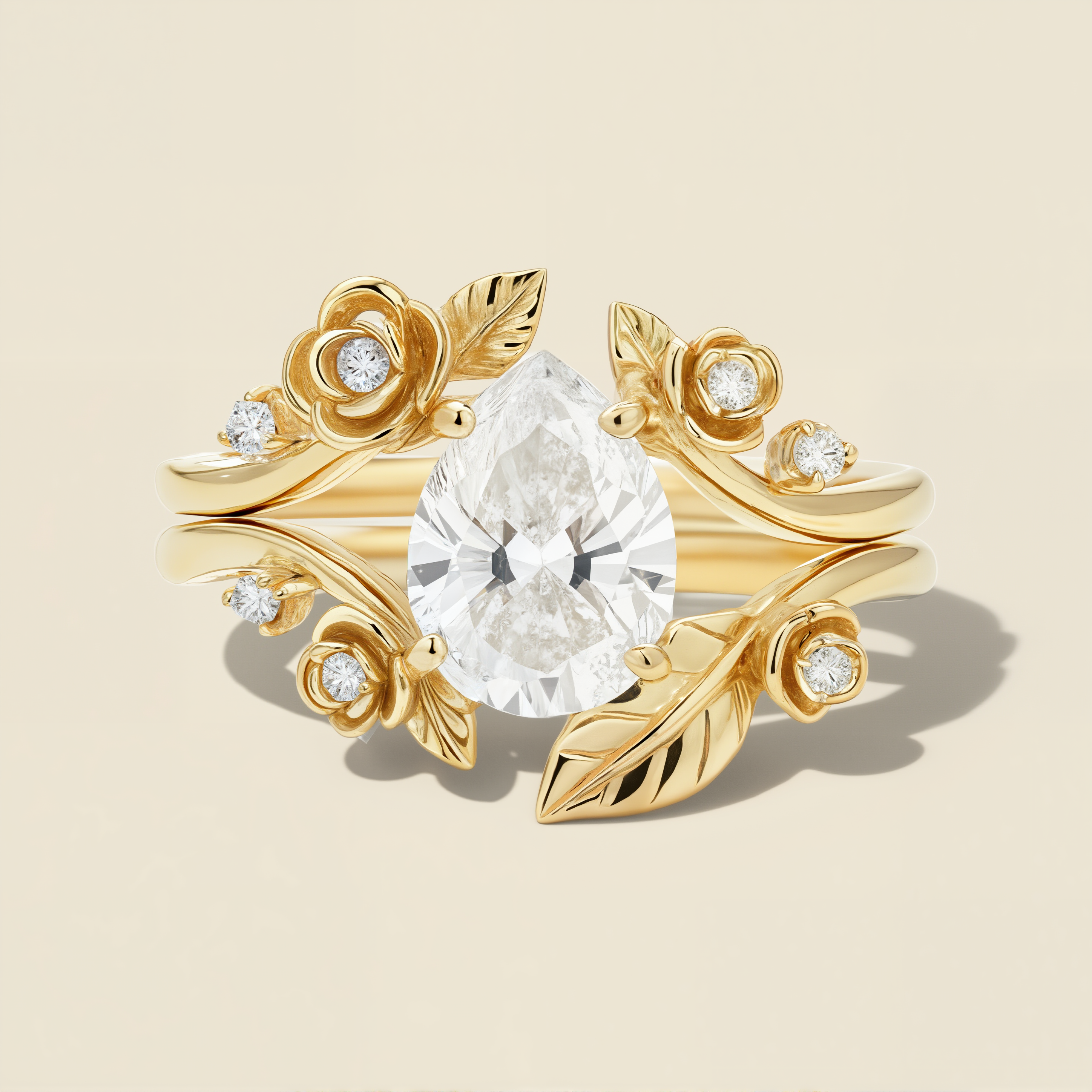 Golden Bloom | Pear Moissanite & Sculptural Rose Garden Bridal Set 2pcs - Sylva