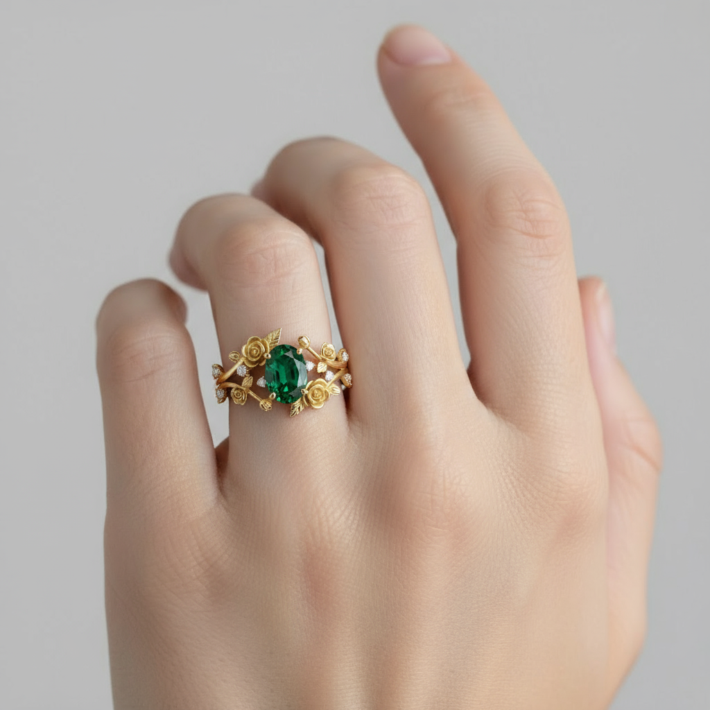 Emerald Crown | Oval Emerald & Sculptural Rose Garden Statement Ring - Verdant Queen
