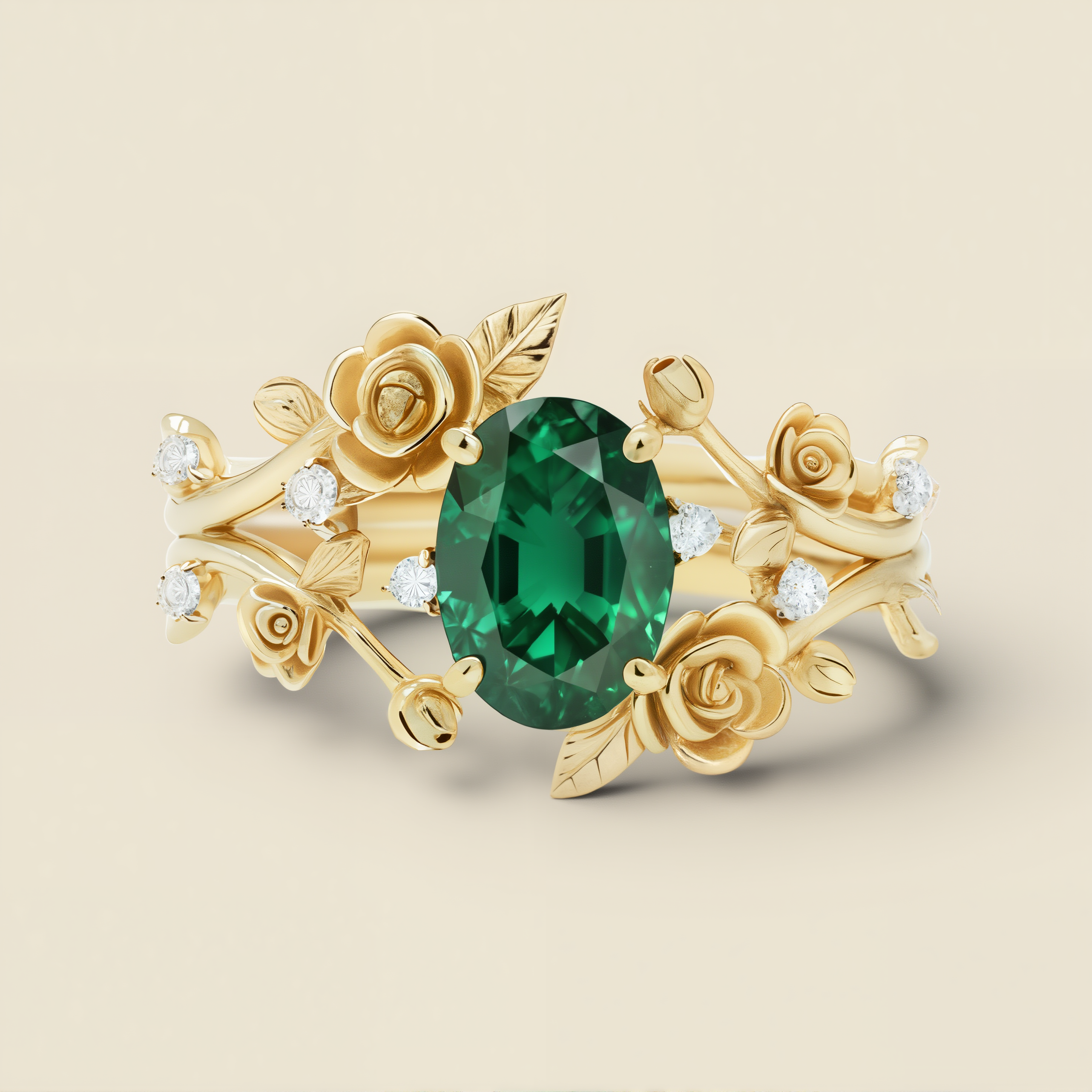 Emerald Crown | Oval Emerald & Sculptural Rose Garden Statement Ring - Verdant Queen