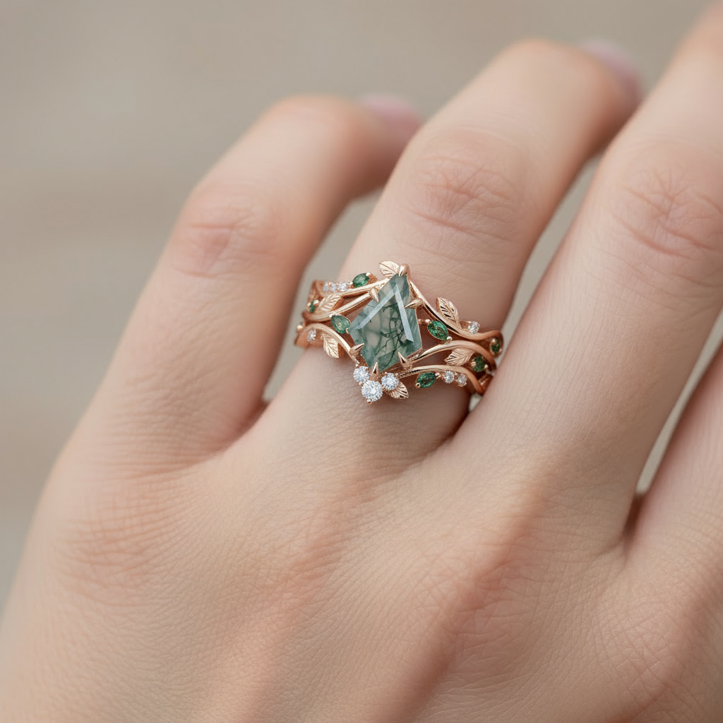 Forest Nymph | Kite-Cut Moss Agate & Green Garnet Vine Bridal Set 3pcs - Dryad Queen