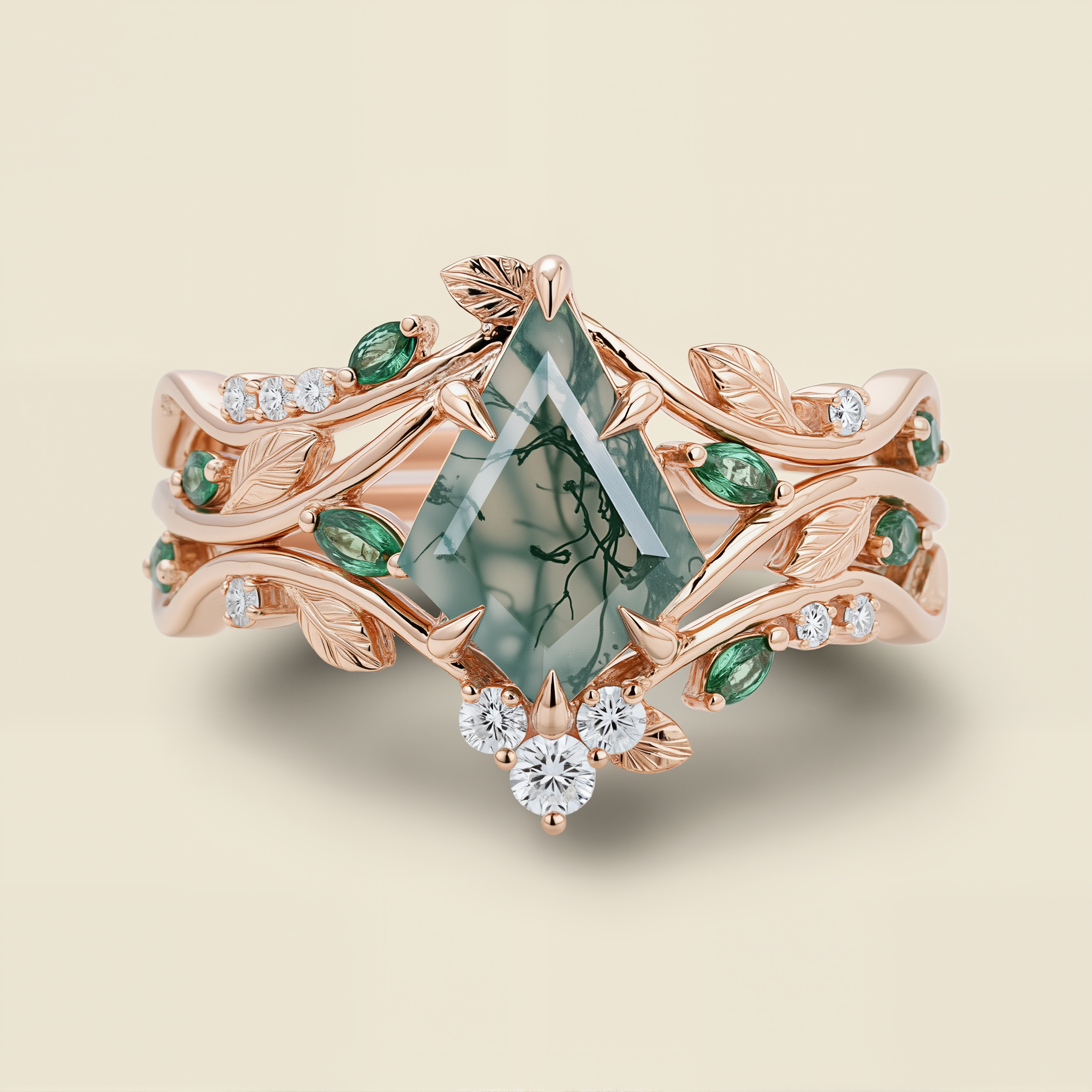 Forest Nymph | Kite-Cut Moss Agate & Green Garnet Vine Bridal Set 3pcs - Dryad Queen