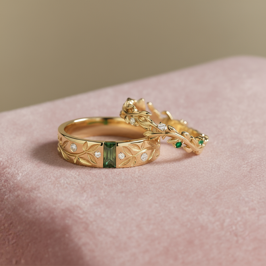 Eternal Vine | Rectangle Moss Agate & Leaf Engraved Matching Ring Set 2pcs - Woodland Oath