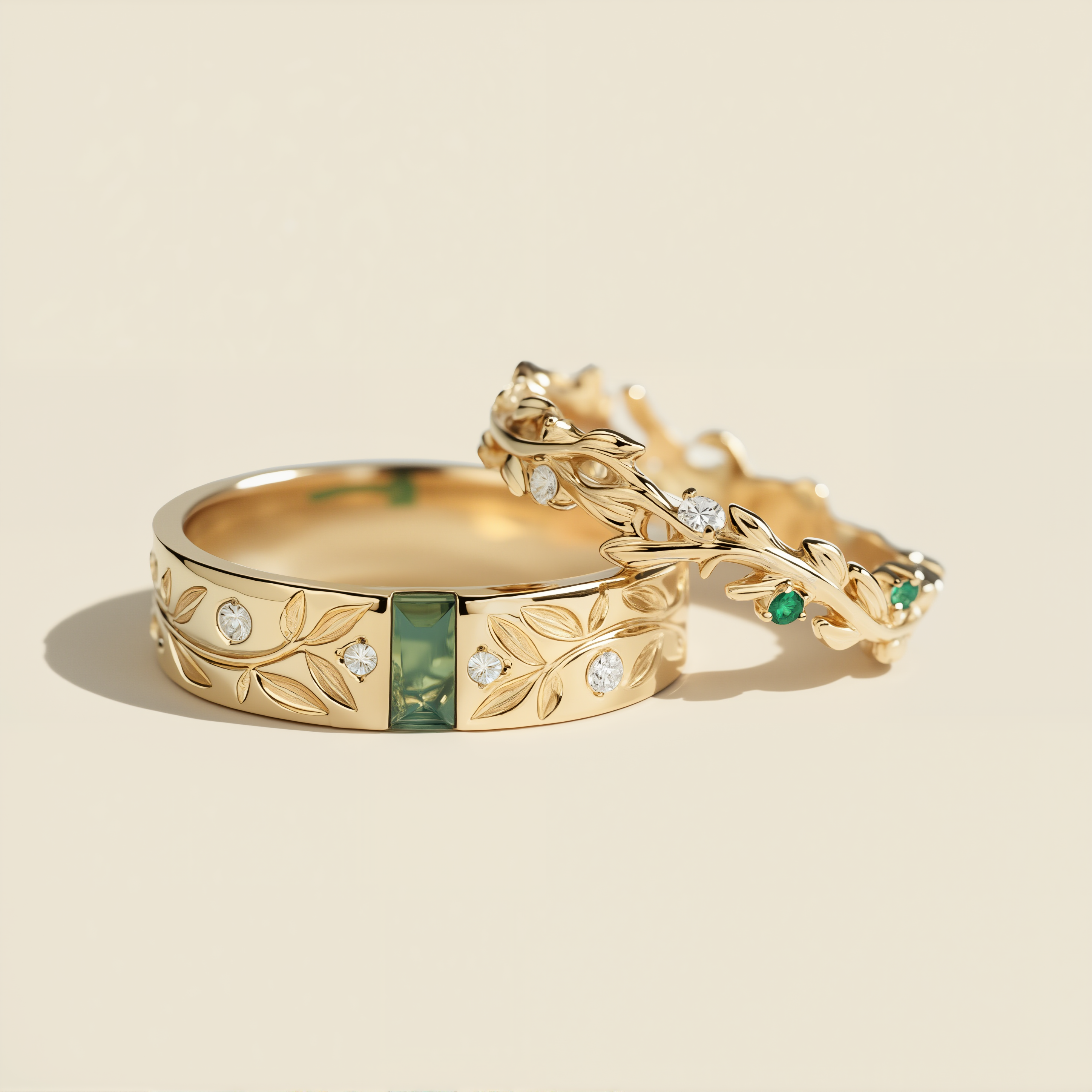 Eternal Vine | Rectangle Moss Agate & Leaf Engraved Matching Ring Set 2pcs - Woodland Oath