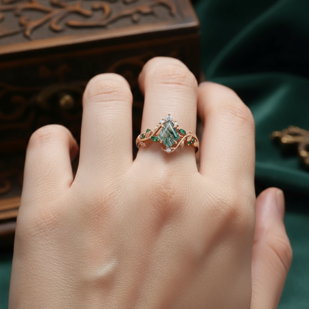Misty Grove | Kite-Cut Moss Agate & Green Gem Vine Bridal Set 3pcs in Rose Gold - Sylph Embrace