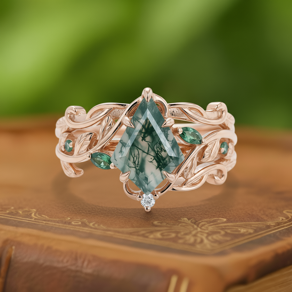 Misty Grove | Kite-Cut Moss Agate & Green Gem Vine Bridal Set 3pcs in Rose Gold - Sylph Embrace