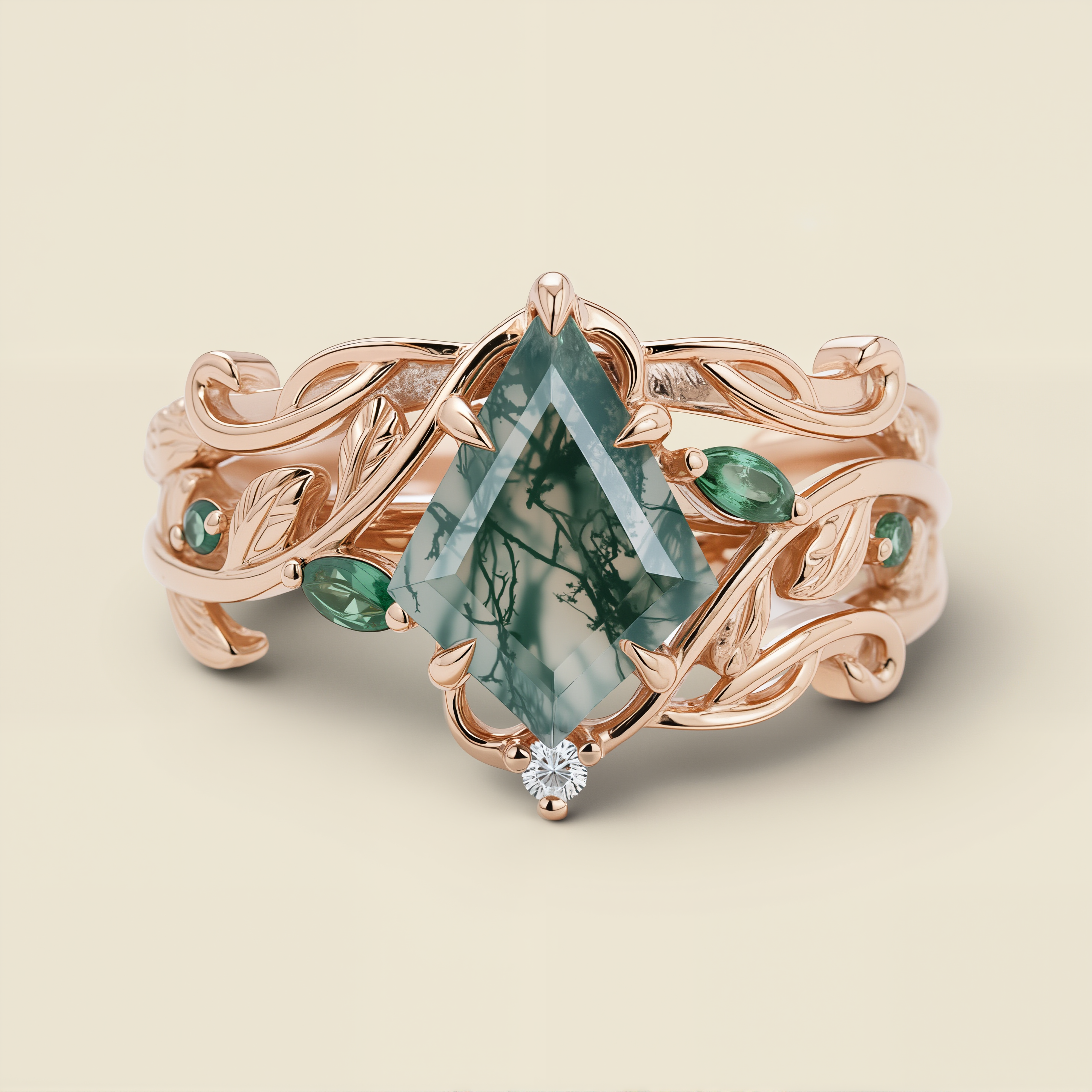 Misty Grove | Kite-Cut Moss Agate & Green Gem Vine Bridal Set 3pcs in Rose Gold - Sylph Embrace