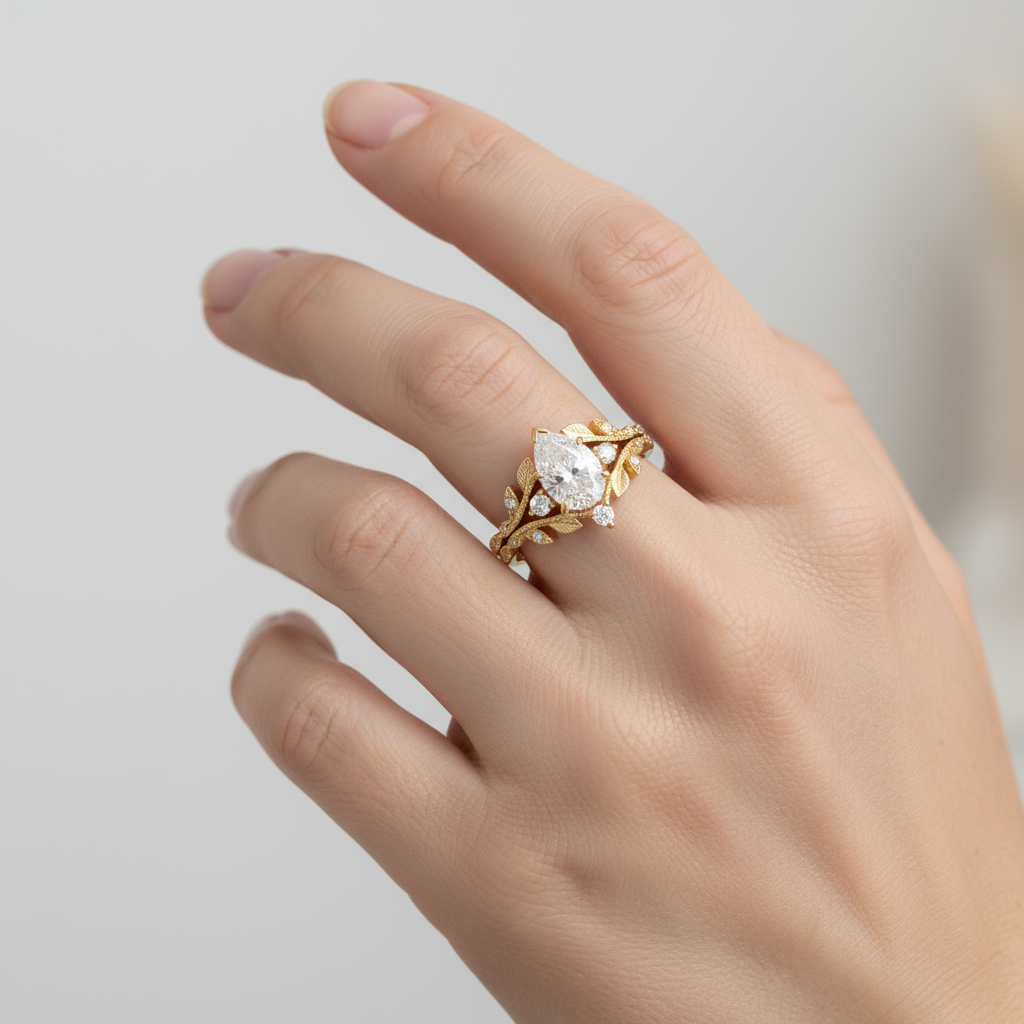 Eternal Leaf – Pear-Cut Moissanite & Gold Leaf Ring