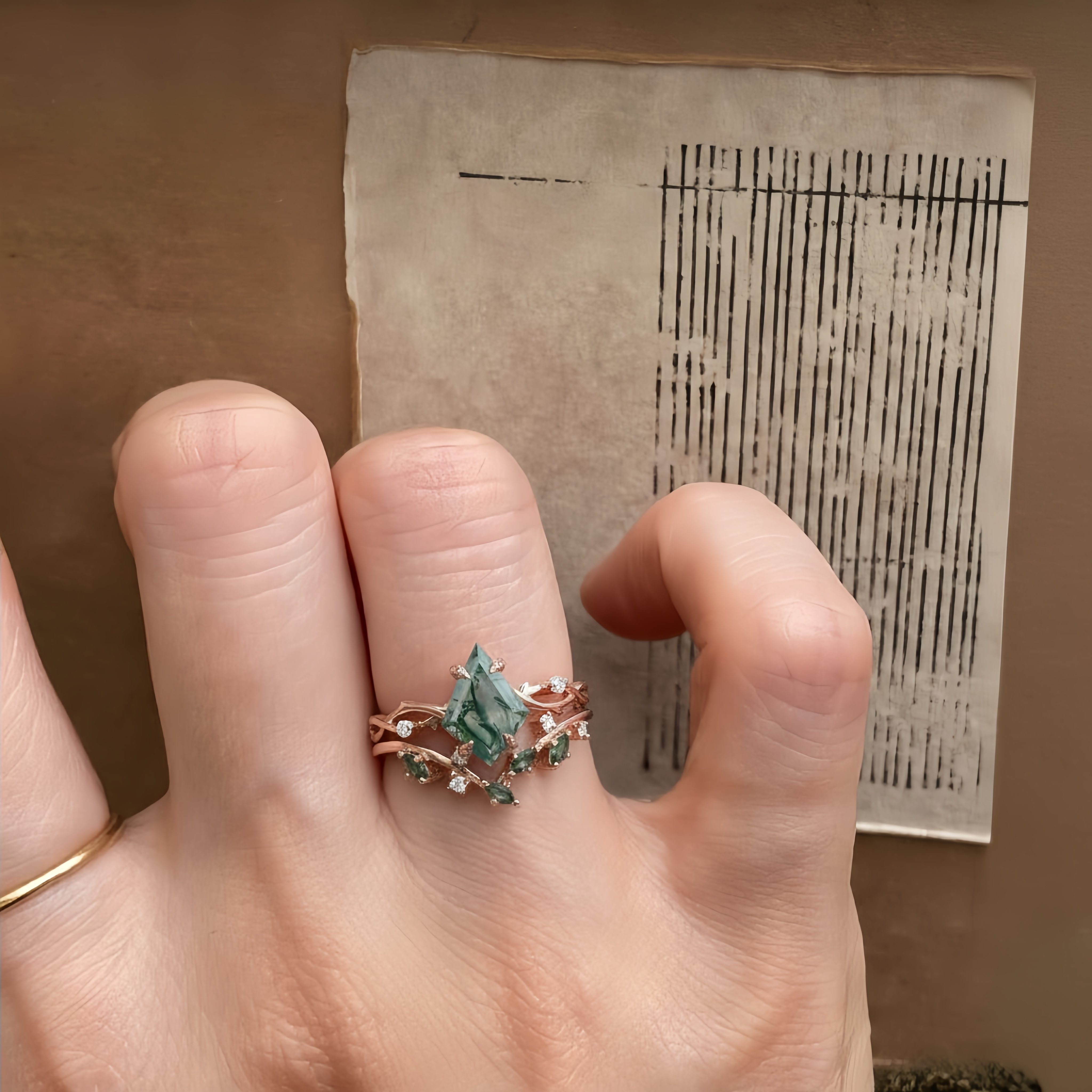 Verdant Elegance – Pear Cut Moss Agate & Moissanite Leaf Engagement Ring