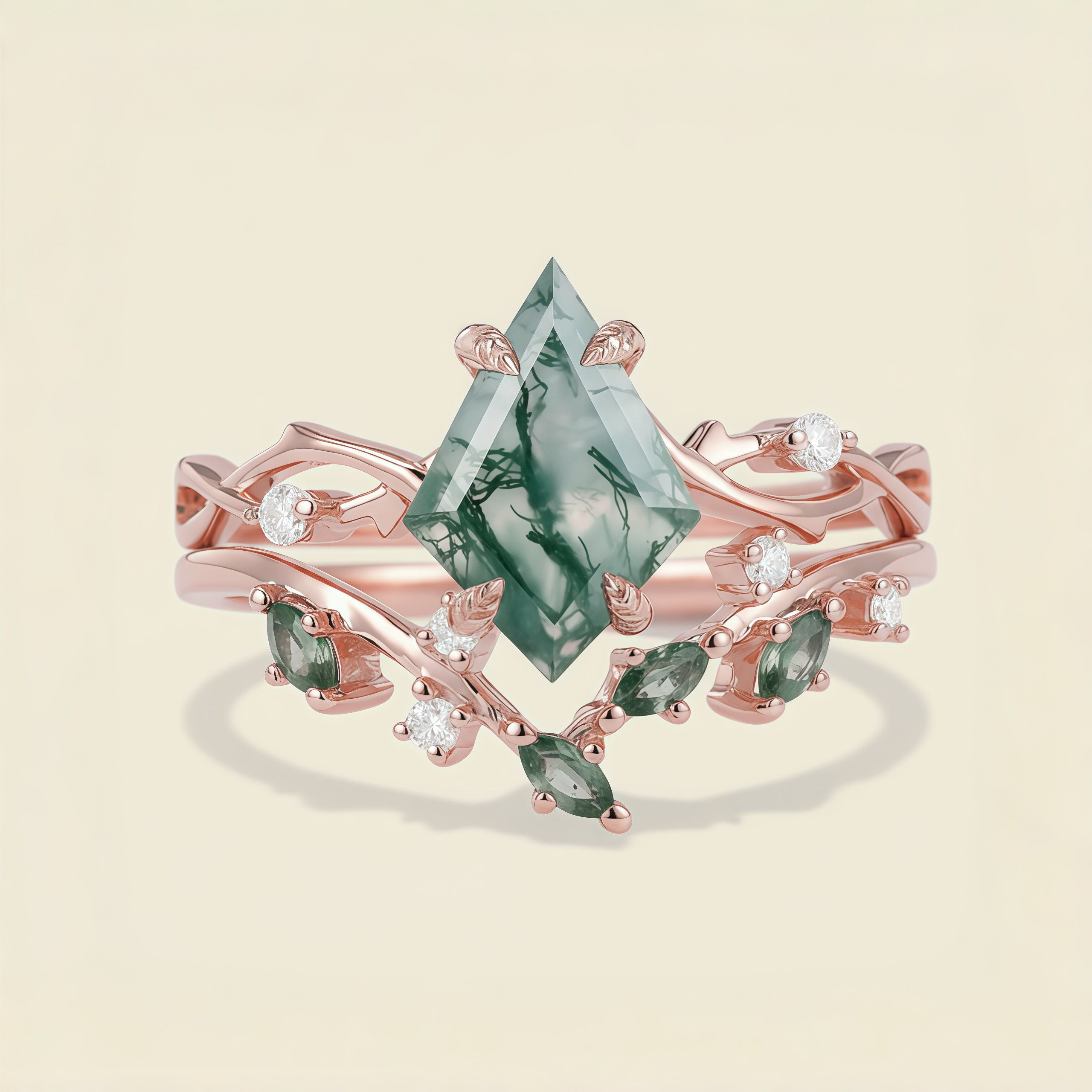 Verdant Elegance – Pear Cut Moss Agate & Moissanite Leaf Engagement Ring