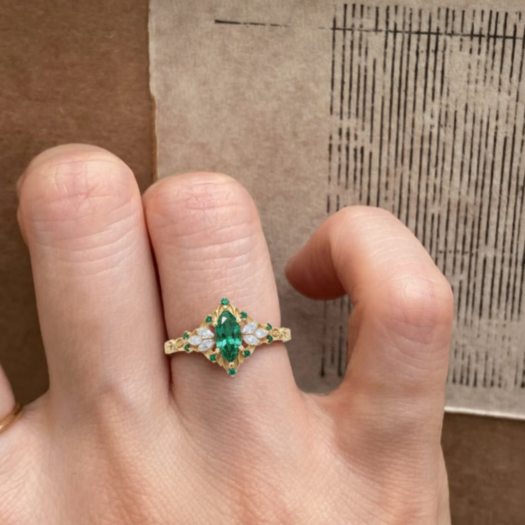 Emerald Muse – Marquise Green Moissanite & White Moissanite Filigree Ring