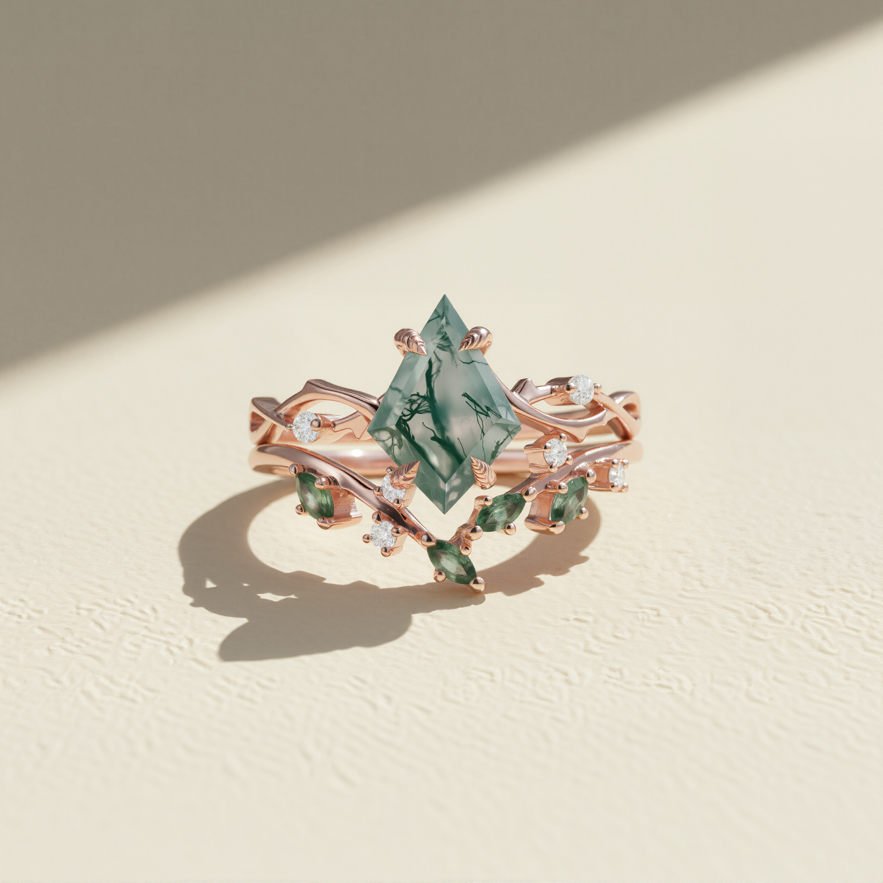 Verdant Elegance – Pear Cut Moss Agate & Moissanite Leaf Engagement Ring