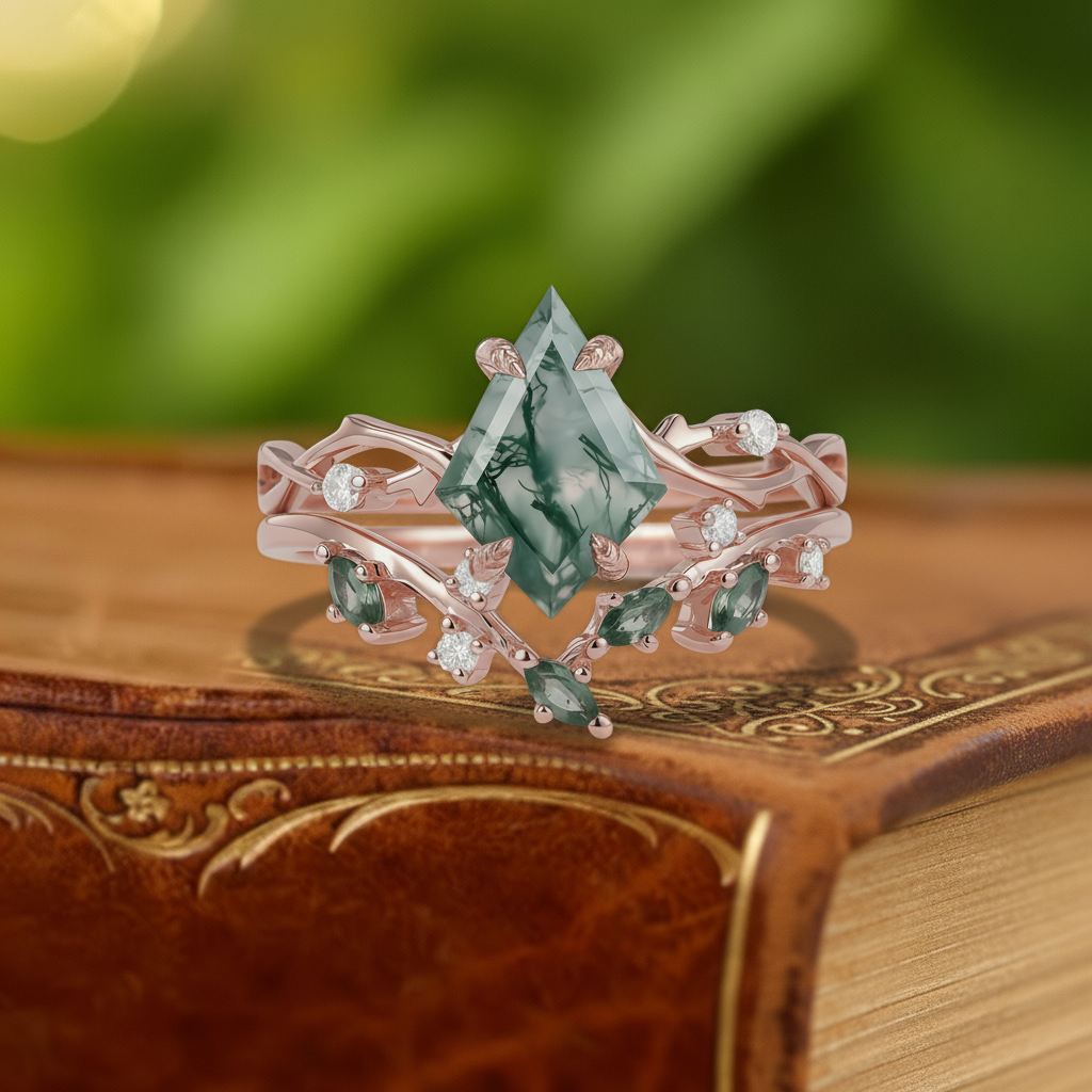Verdant Elegance – Pear Cut Moss Agate & Moissanite Leaf Engagement Ring